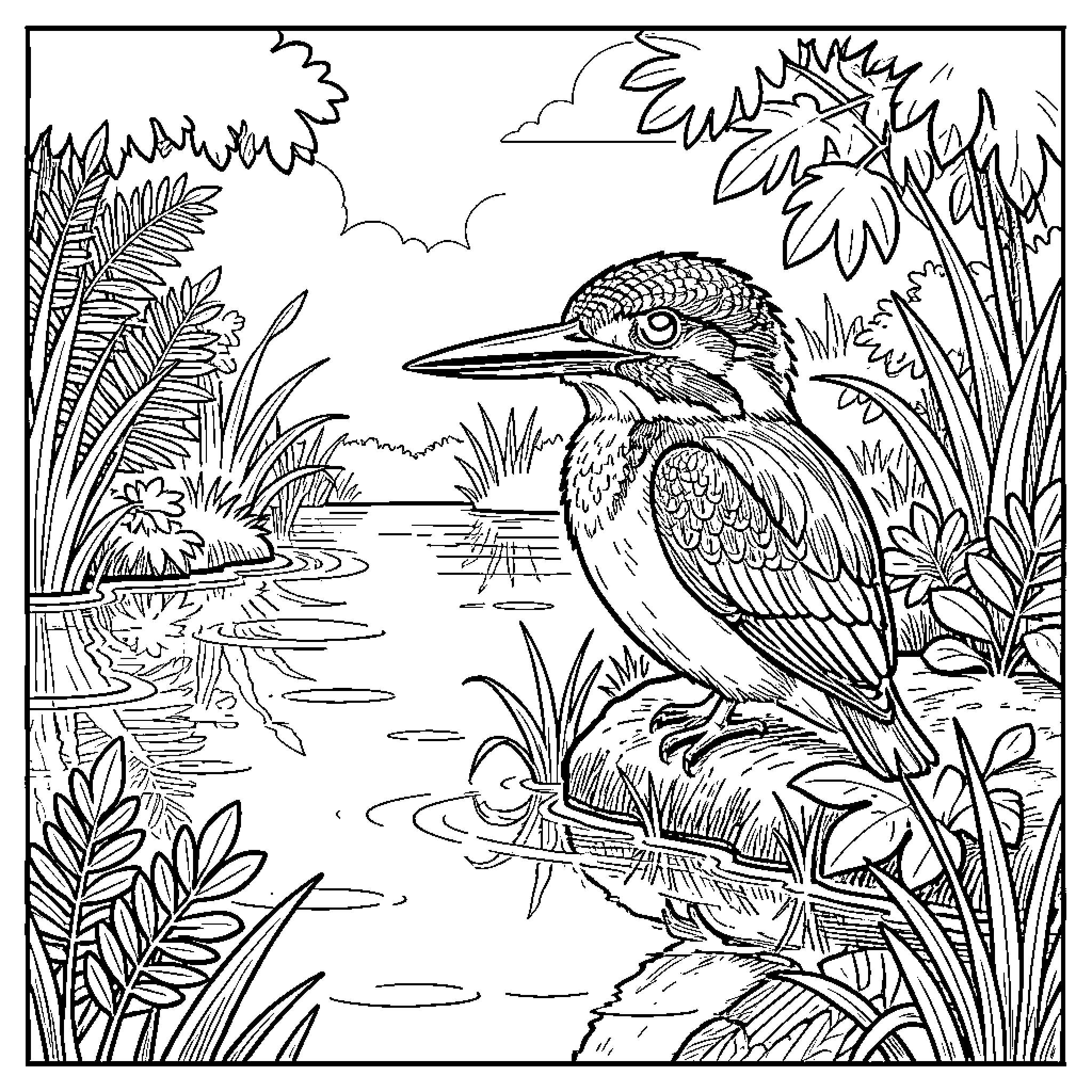 Kingfisher perched on a branch by the water Coloring Page (free black-and-white line drawing printable PDF for all, from beginners to advanced learners, including children, teens, adults, and seniors)
