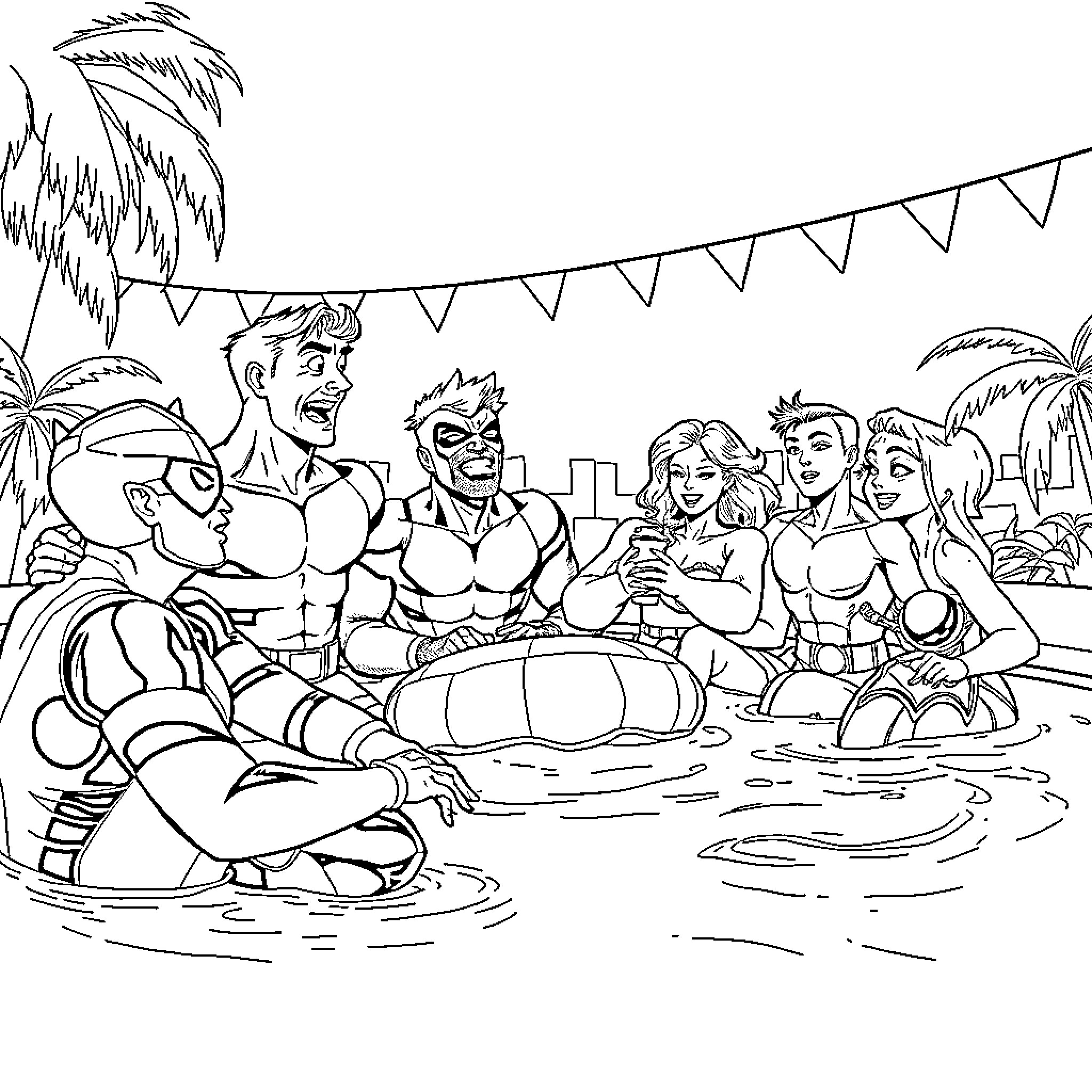 X-Men superheroes enjoying summer pool party Coloring Page (free black-and-white line drawing printable PDF for all, from beginners to advanced learners, including children, teens, adults, and seniors)