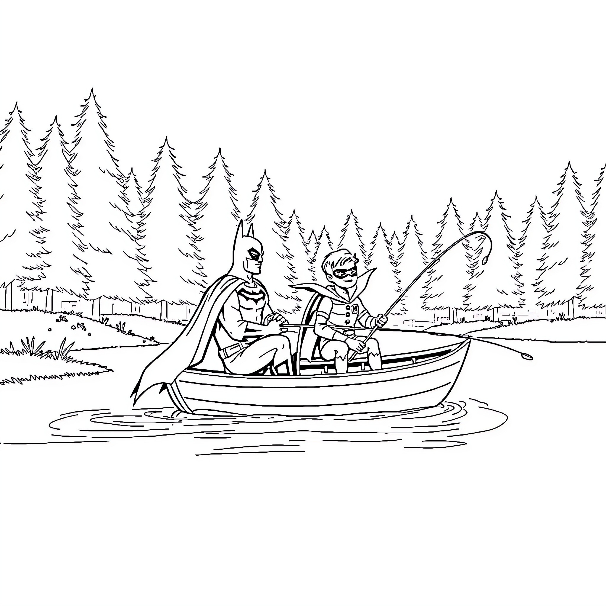 Batman and Robin enjoying a boat ride in the forest Coloring Page (free black-and-white line drawing printable PDF for all, from beginners to advanced learners, including children, teens, adults, and seniors)