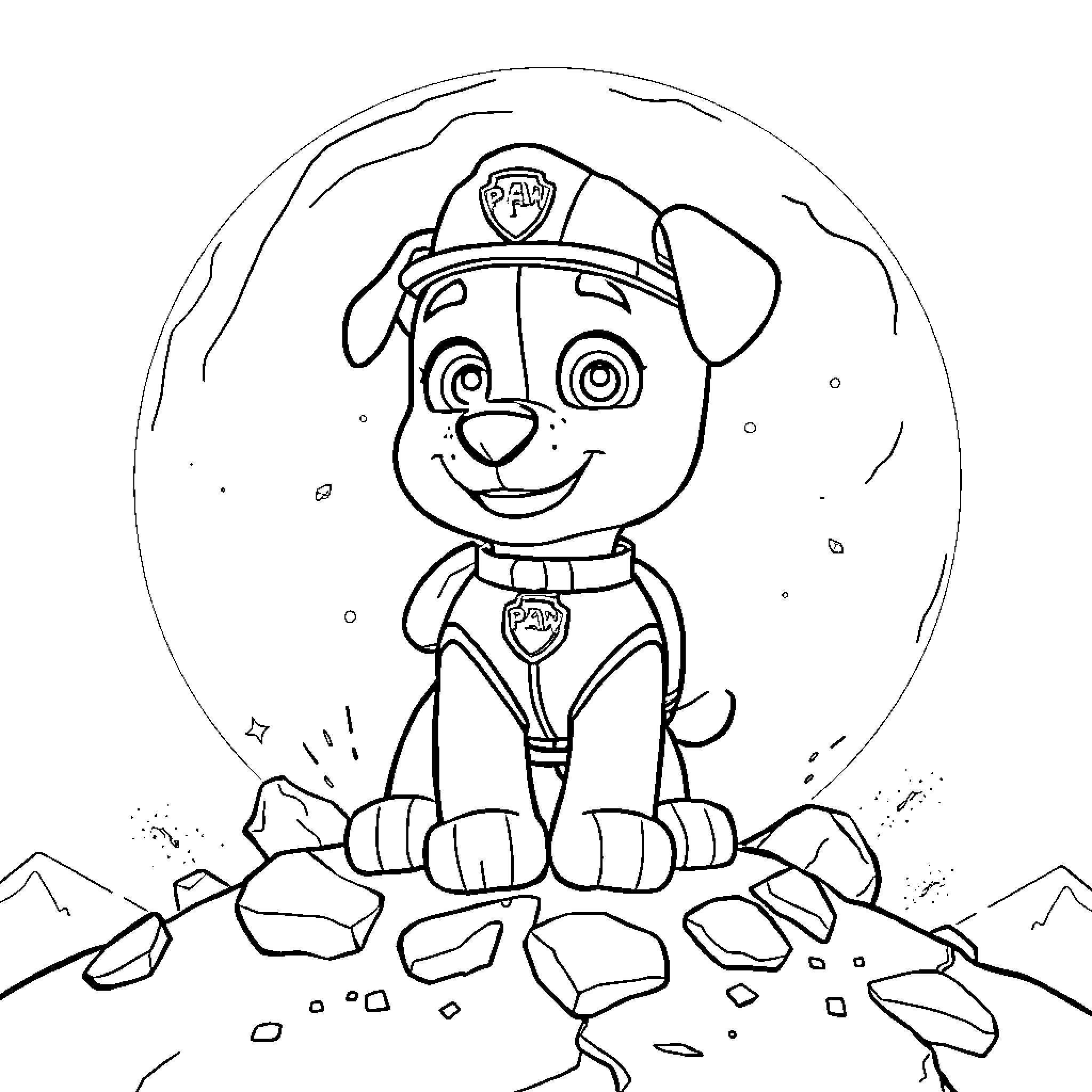 Rubble of cartoon pup in uniform Coloring Page (free black-and-white line drawing printable PDF for all, from beginners to advanced learners, including children, teens, adults, and seniors)