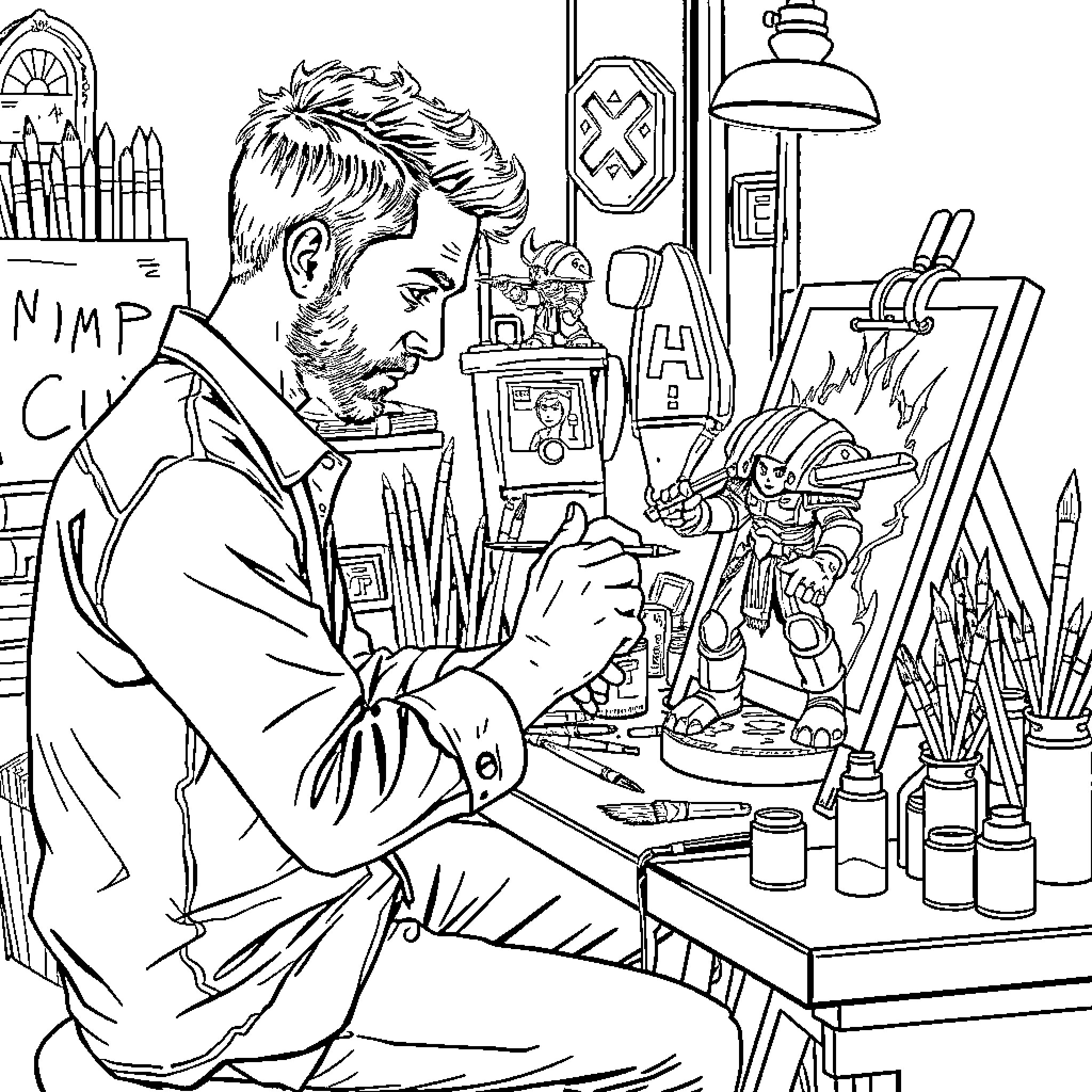 Man intensely focused on his artistic work in his studio Coloring Page (free black-and-white line drawing printable PDF for all, from beginners to advanced learners, including children, teens, adults, and seniors)