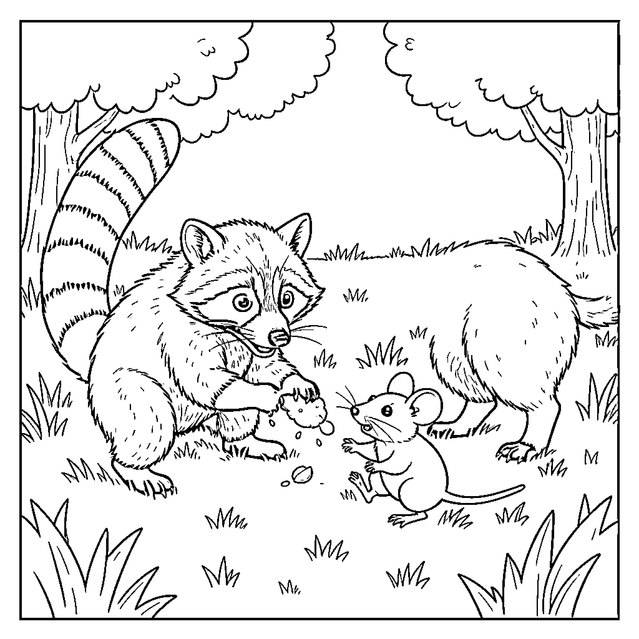 Raccoon sharing food with a small mouse Coloring Page (free black-and-white line drawing printable PDF for all, from beginners to advanced learners, including children, teens, adults, and seniors)