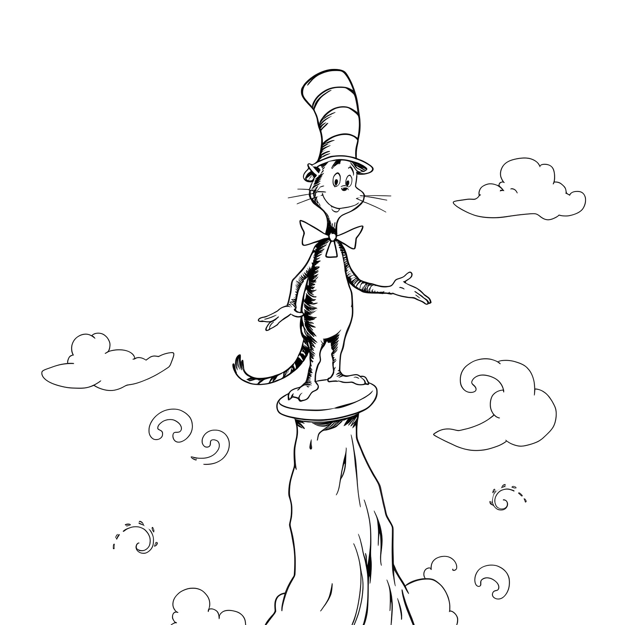 Cat in the Hat balancing on a rocky cliff Coloring Page (free black-and-white line drawing printable PDF for all, from beginners to advanced learners, including children, teens, adults, and seniors)