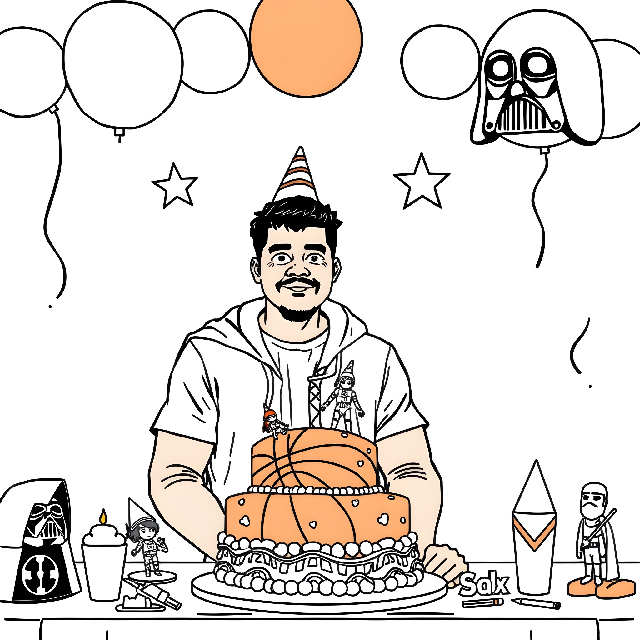 Friend celebrates with cake and toys Coloring Page (free black-and-white line drawing printable PDF for all, from beginners to advanced learners, including children, teens, adults, and seniors)