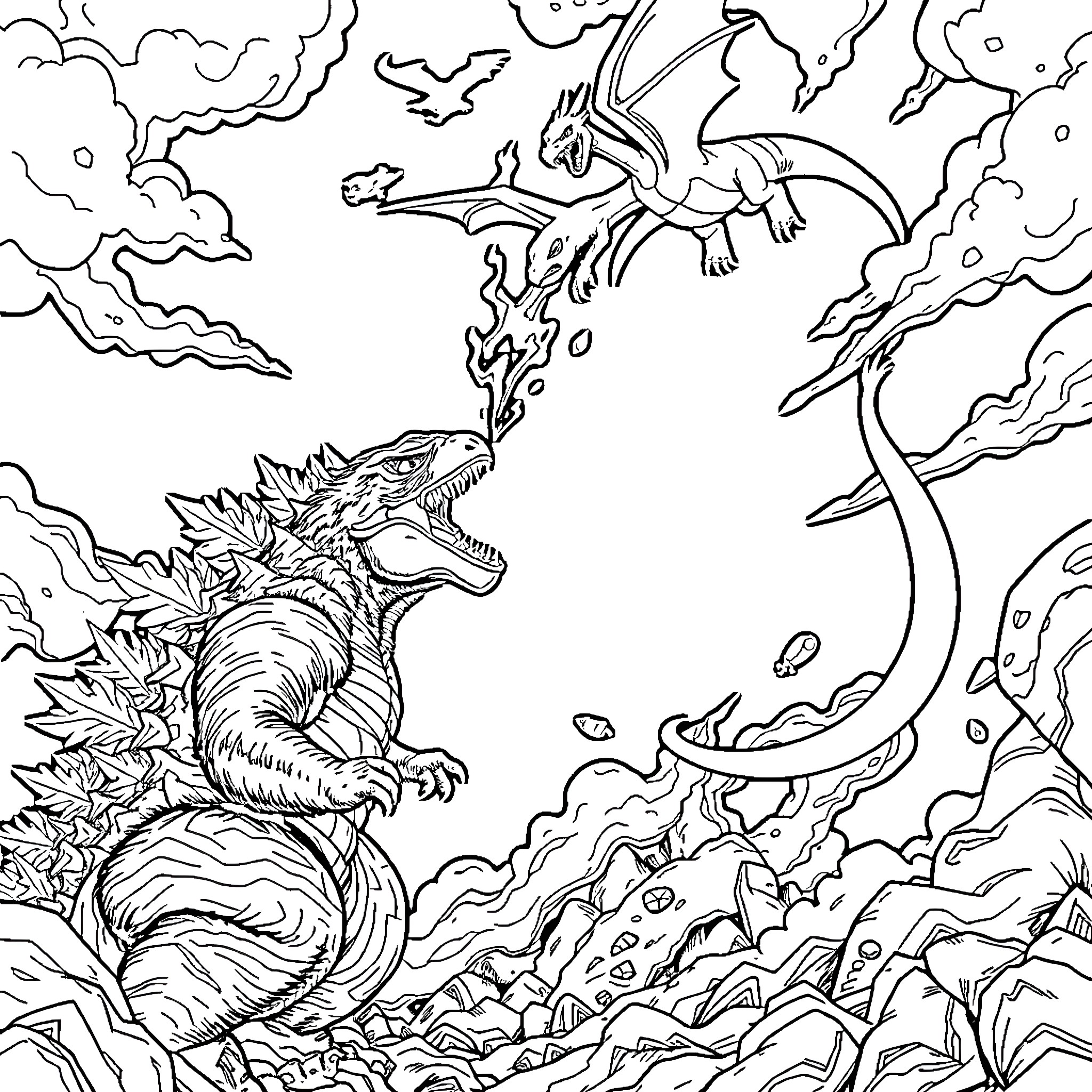 Godzilla battling a fierce dragon in a cloudy sky Coloring Page (free black-and-white line drawing printable PDF for all, from beginners to advanced learners, including children, teens, adults, and seniors)