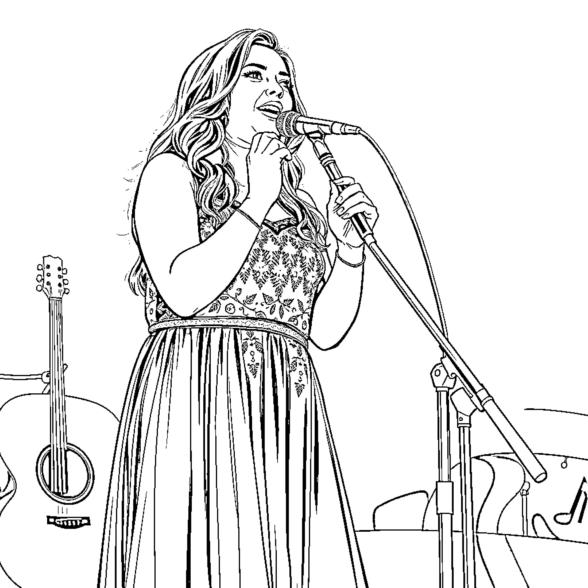 Hanna Montero performing on stage with musical instruments Coloring Page (free black-and-white line drawing printable PDF for all, from beginners to advanced learners, including children, teens, adults, and seniors)