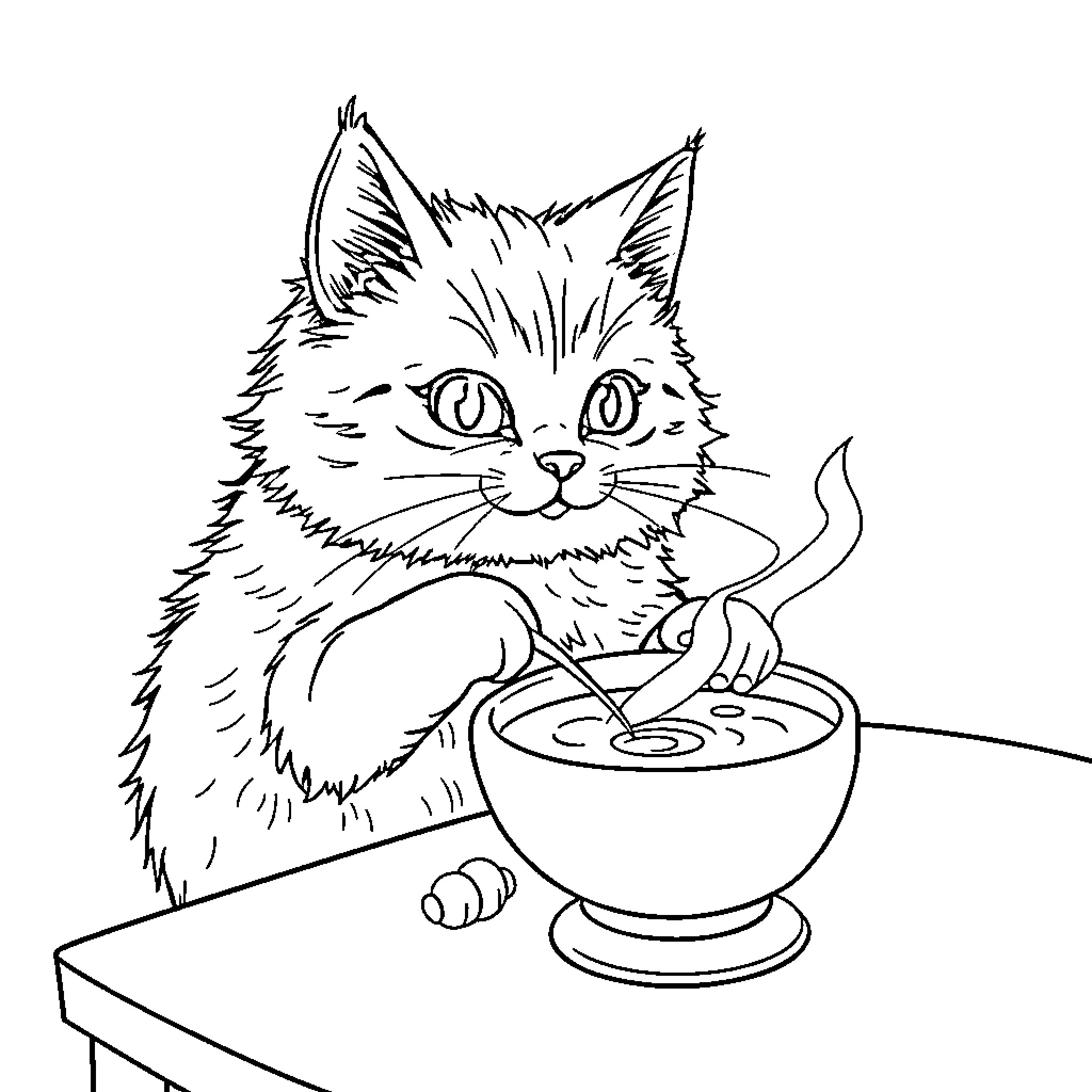 Cat enjoying a bowl of food Coloring Page (free black-and-white line drawing printable PDF for all, from beginners to advanced learners, including children, teens, adults, and seniors)
