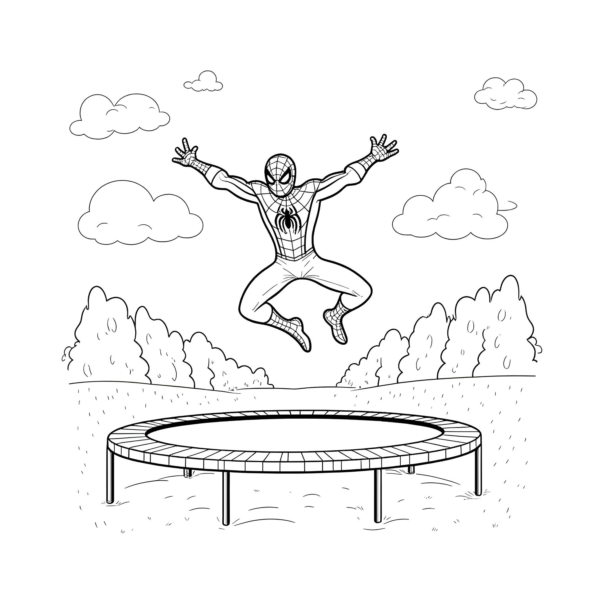 Spiderman jumping joyfully on a trampoline Coloring Page (free black-and-white line drawing printable PDF for all, from beginners to advanced learners, including children, teens, adults, and seniors)