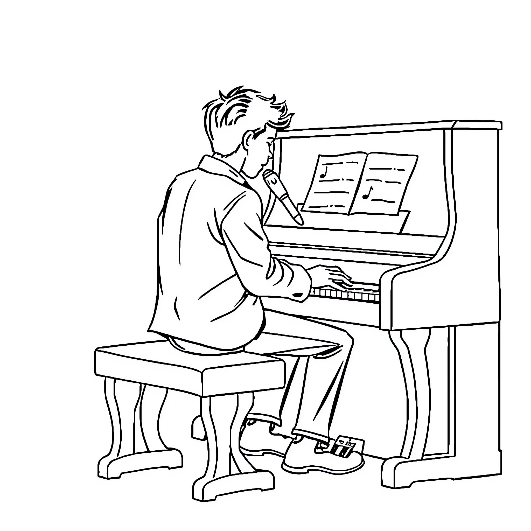 Wild Boar playing piano on stage Coloring Page (free black-and-white line drawing printable PDF for all, from beginners to advanced learners, including children, teens, adults, and seniors)