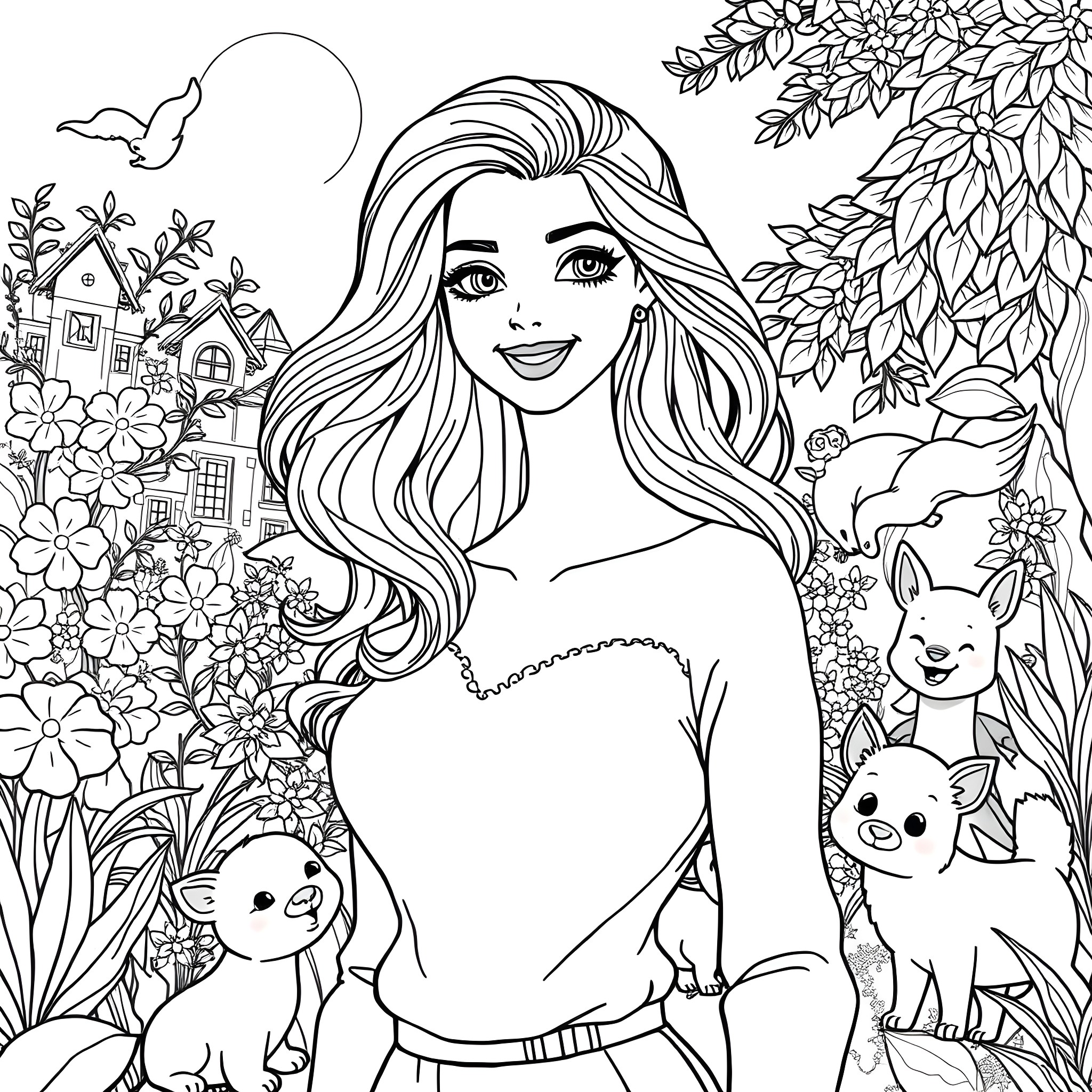 Woman in floral garden with animals Coloring Page (free black-and-white line drawing printable PDF for all, from beginners to advanced learners, including children, teens, adults, and seniors)