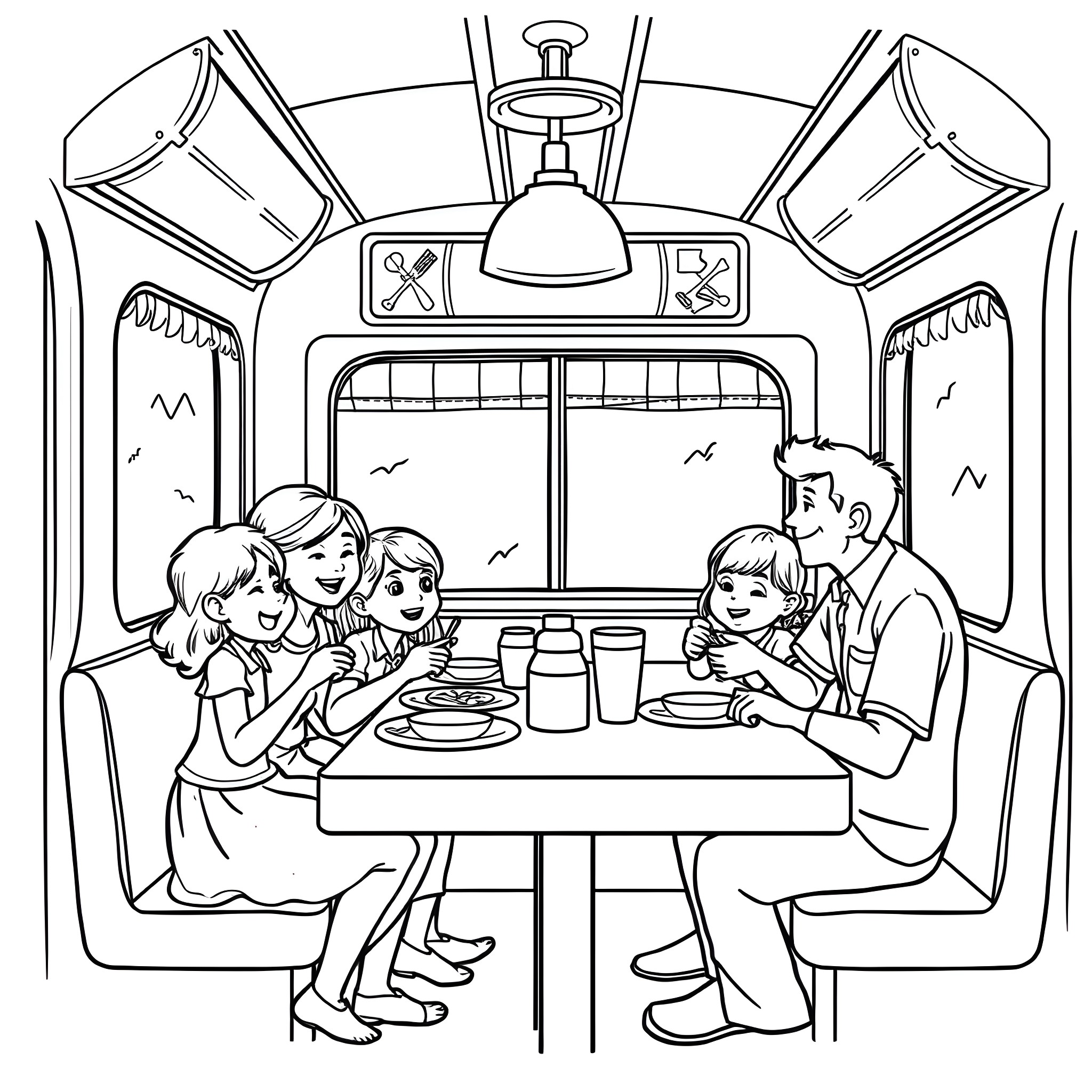 Family Enjoying a Meal Together on the Train Coloring Page (free black-and-white line drawing printable PDF for all, from beginners to advanced learners, including children, teens, adults, and seniors)