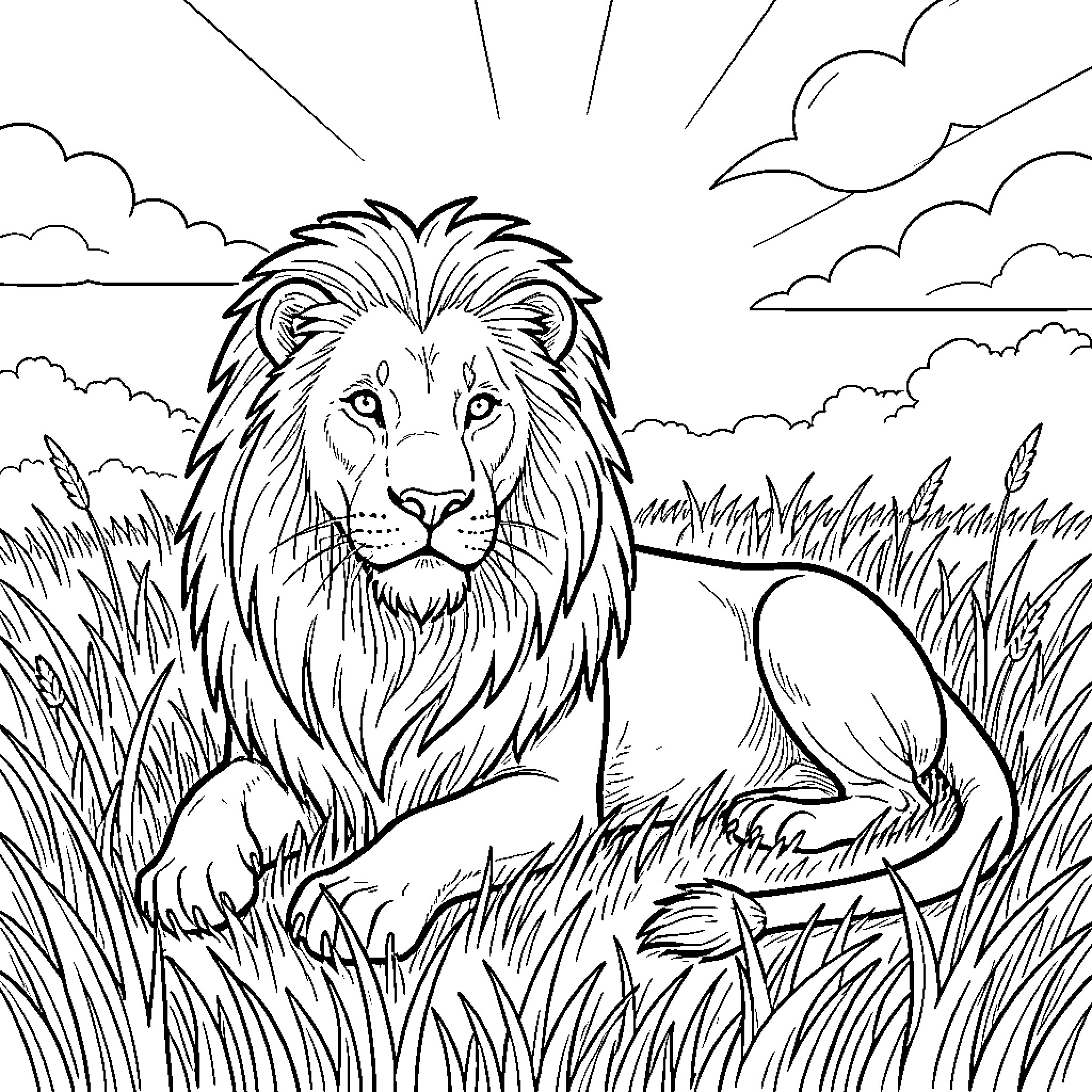 Lion lounging in the sunlit savanna Coloring Page (free black-and-white line drawing printable PDF for all, from beginners to advanced learners, including children, teens, adults, and seniors)