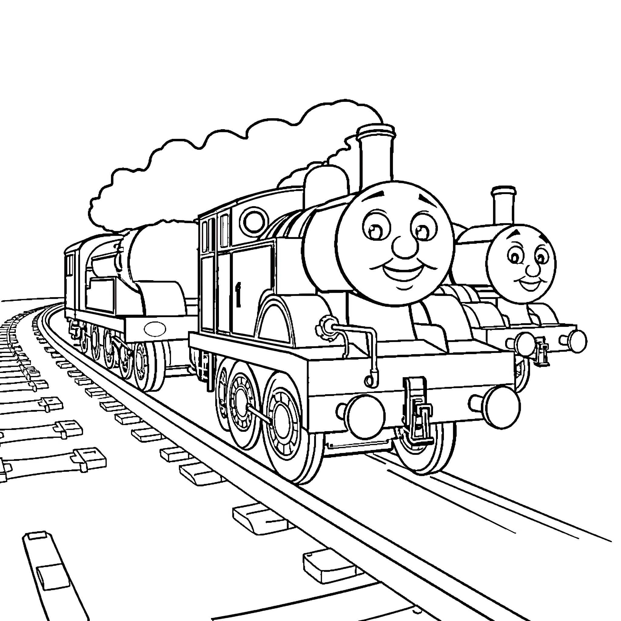 Train Carrying Happy Steam Engines on Railway Tracks Coloring Page (free black-and-white line drawing printable PDF for all, from beginners to advanced learners, including children, teens, adults, and seniors)