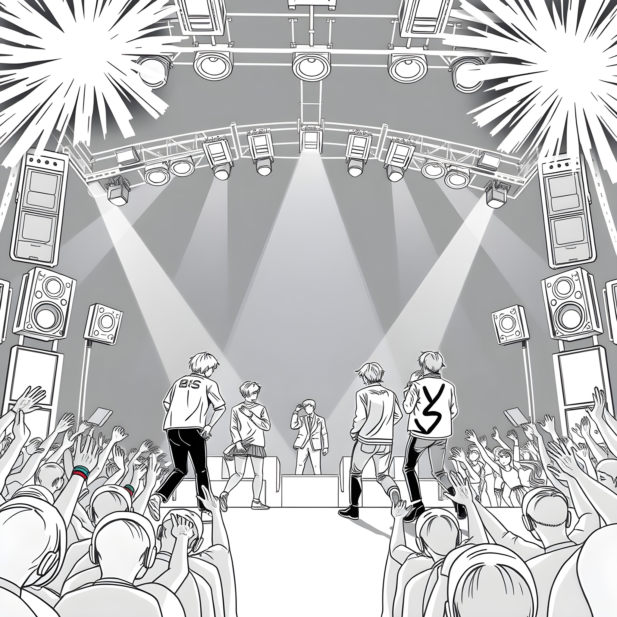 BTS performing on stage with energetic fans Coloring Page (free black-and-white line drawing printable PDF for all, from beginners to advanced learners, including children, teens, adults, and seniors)