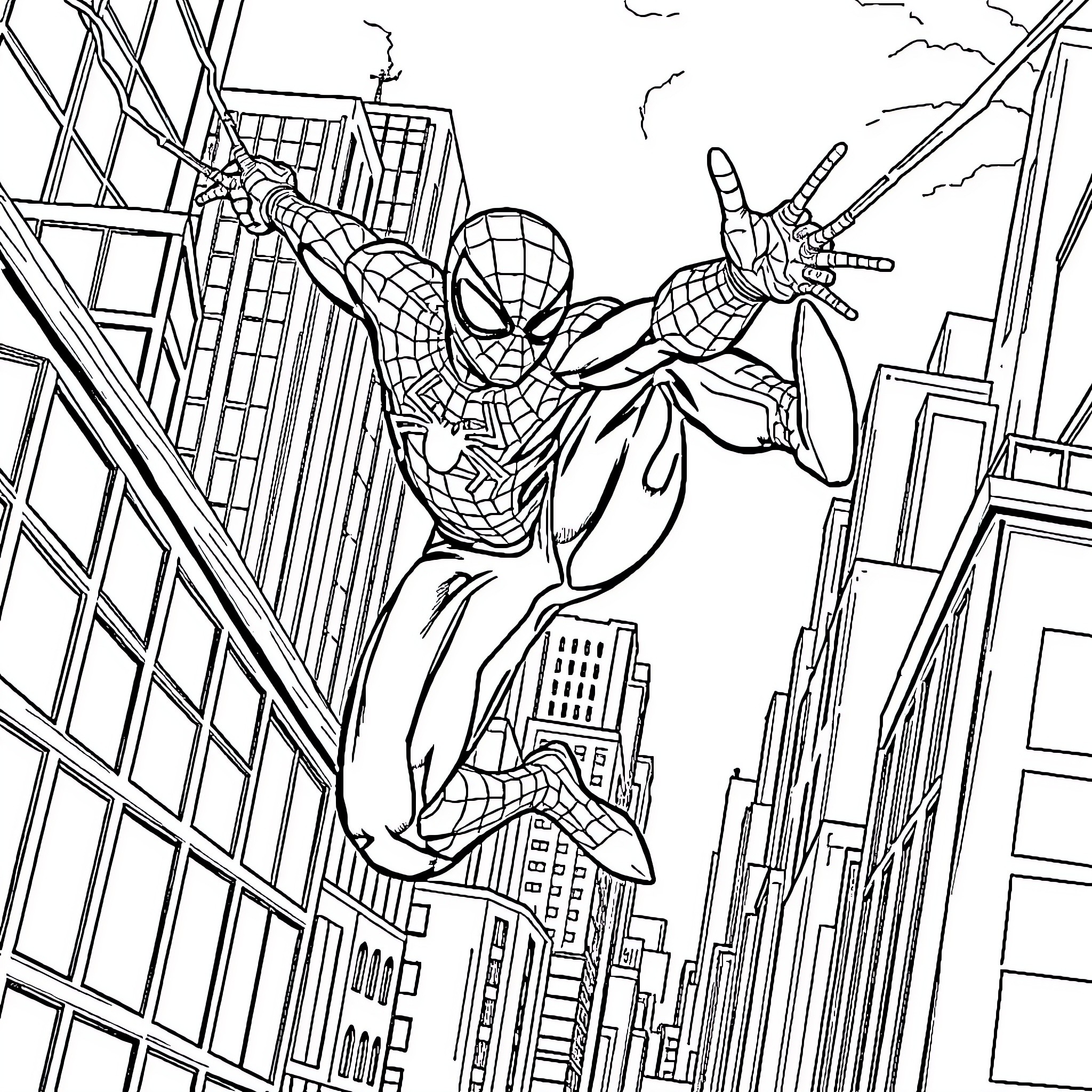 Spiderman swinging through the city skyline Coloring Page (free black-and-white line drawing printable PDF for all, from beginners to advanced learners, including children, teens, adults, and seniors)