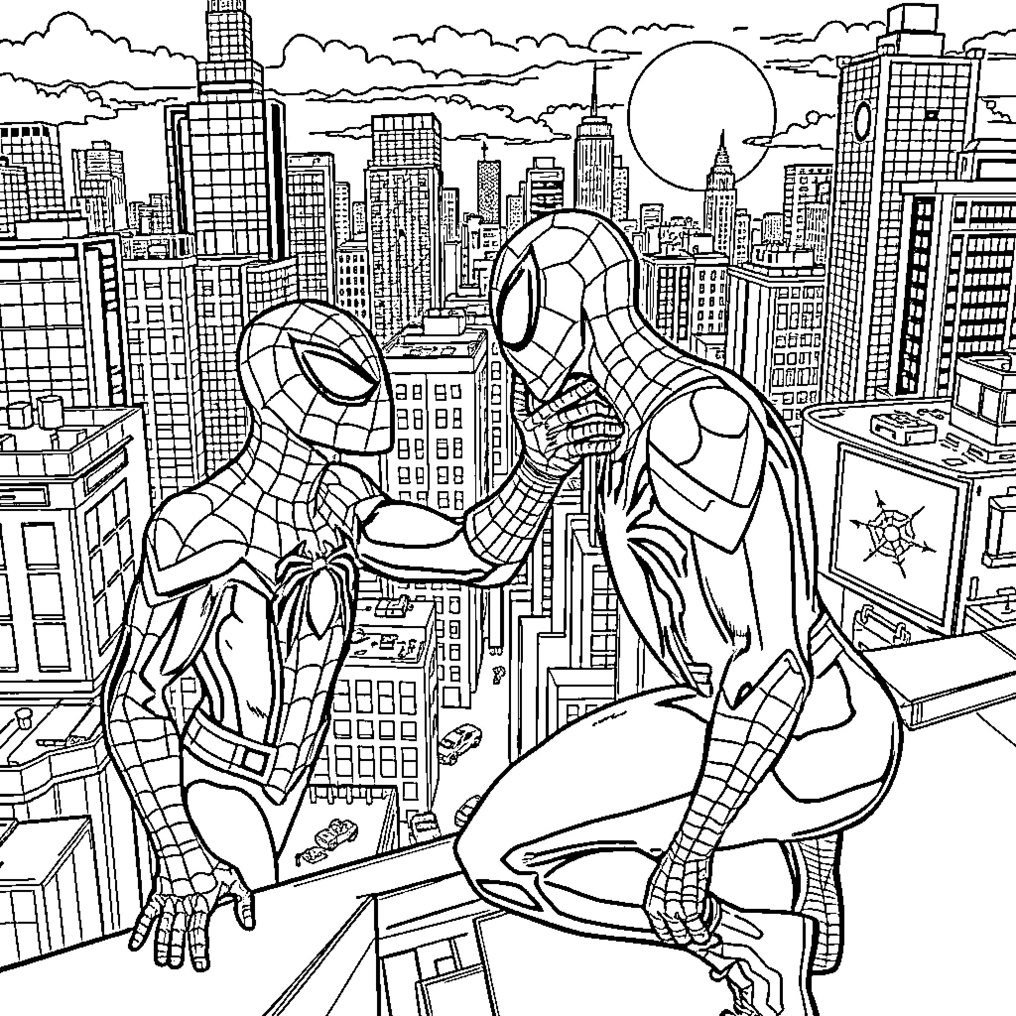 Spiderman swinging through the city skyline Coloring Page (free black-and-white line drawing printable PDF for all, from beginners to advanced learners, including children, teens, adults, and seniors)