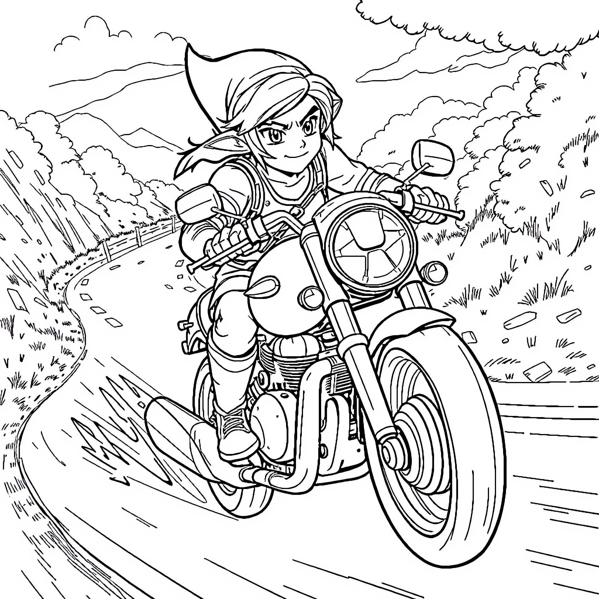 Link riding motorcycle on adventurous journey Coloring Page (free black-and-white line drawing printable PDF for all, from beginners to advanced learners, including children, teens, adults, and seniors)