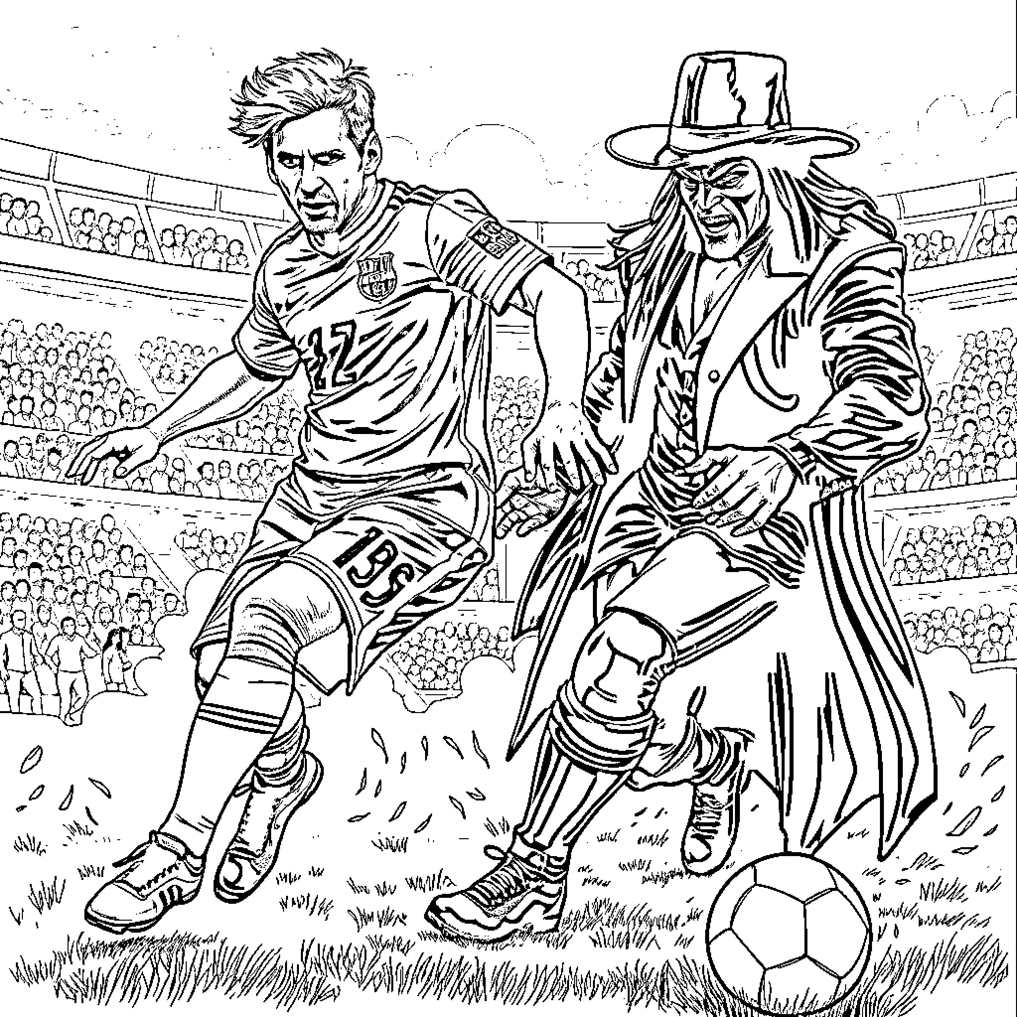 Messi facing off against a mysterious opponent on the soccer field Coloring Page (free black-and-white line drawing printable PDF for all, from beginners to advanced learners, including children, teens, adults, and seniors)