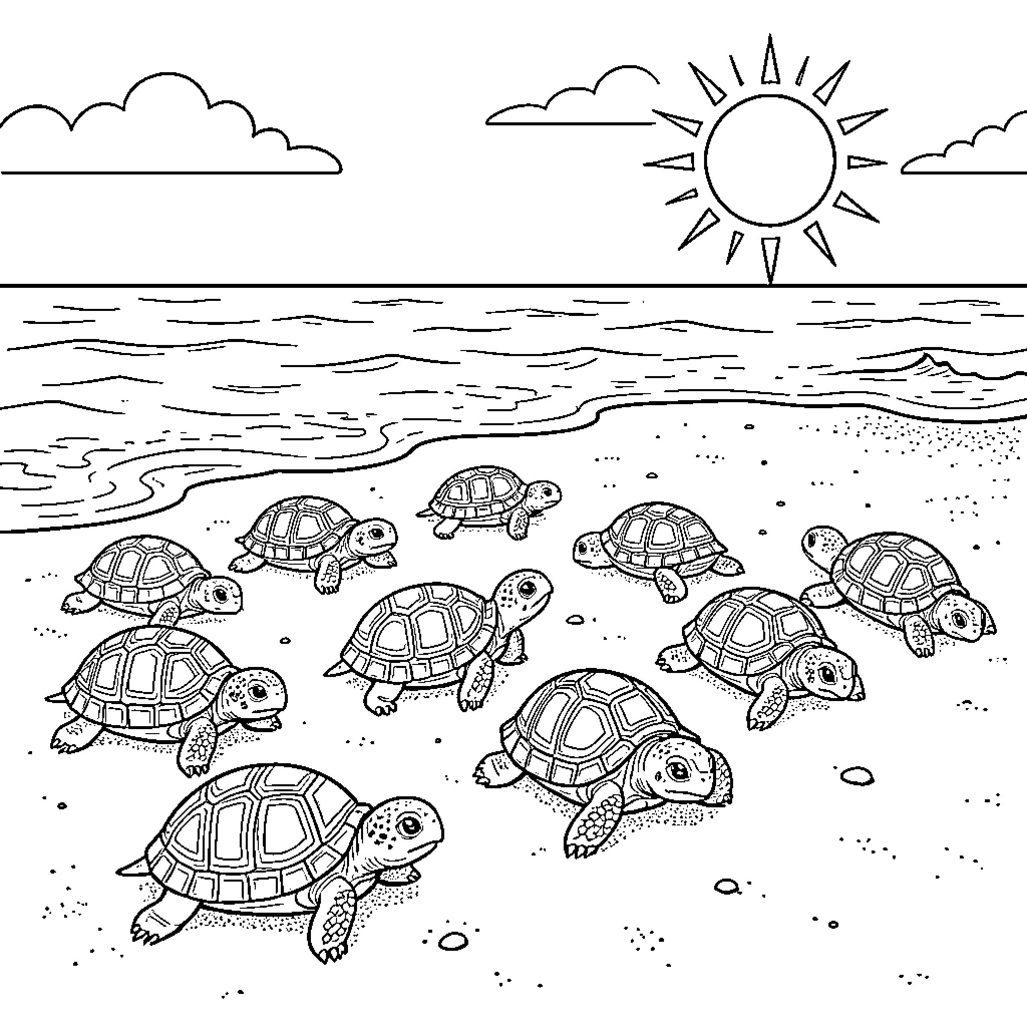 Turtles playing on the beach under the sun Coloring Page (free black-and-white line drawing printable PDF for all, from beginners to advanced learners, including children, teens, adults, and seniors)