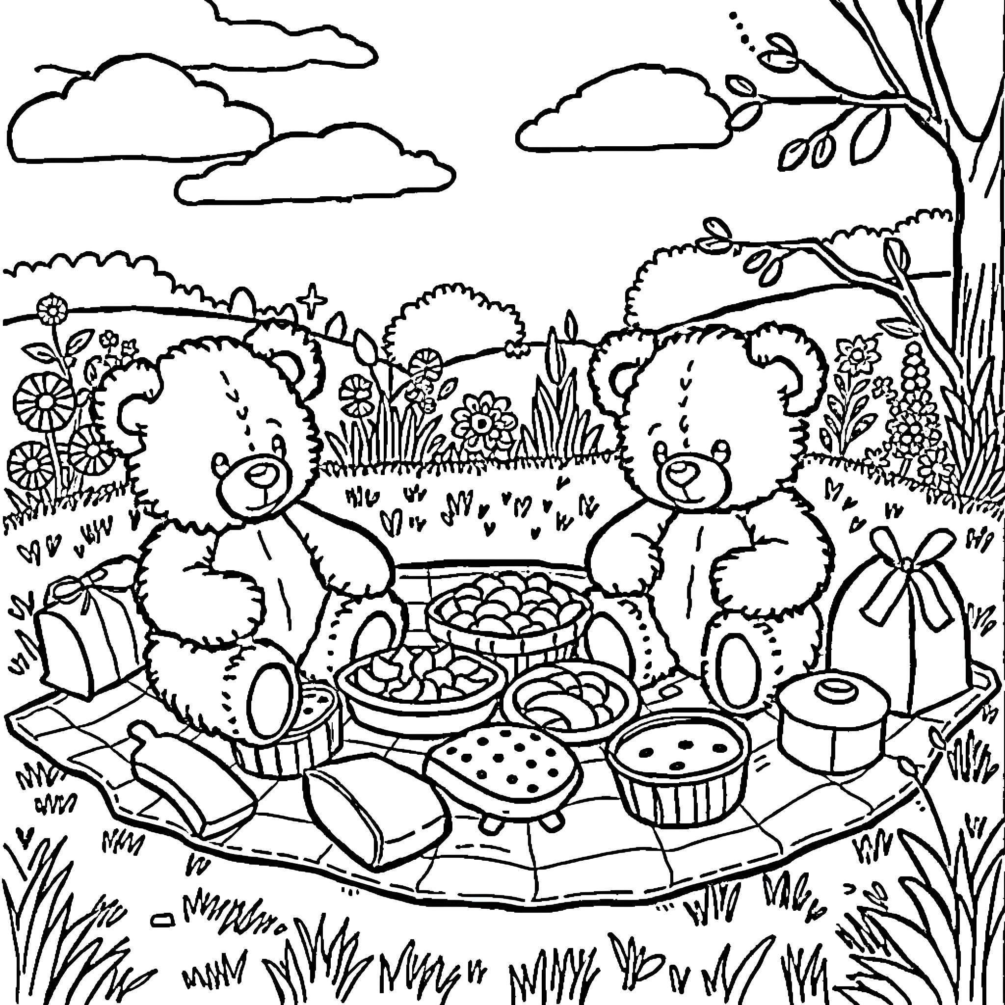 Teddy Bears enjoying a picnic in the park Coloring Page (free black-and-white line drawing printable PDF for all, from beginners to advanced learners, including children, teens, adults, and seniors)