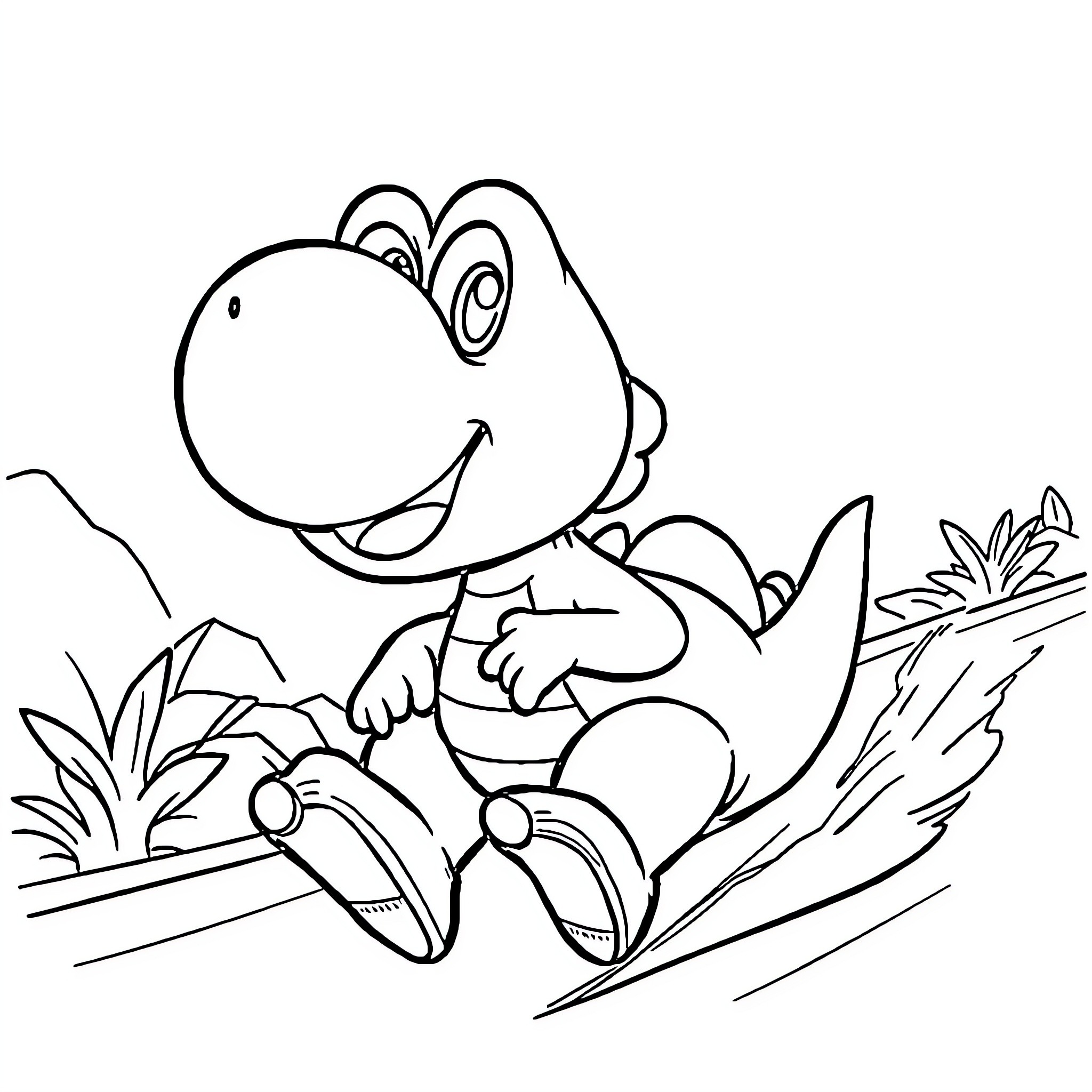 Yoshi exploring the nature Coloring Page (free black-and-white line drawing printable PDF for all, from beginners to advanced learners, including children, teens, adults, and seniors)