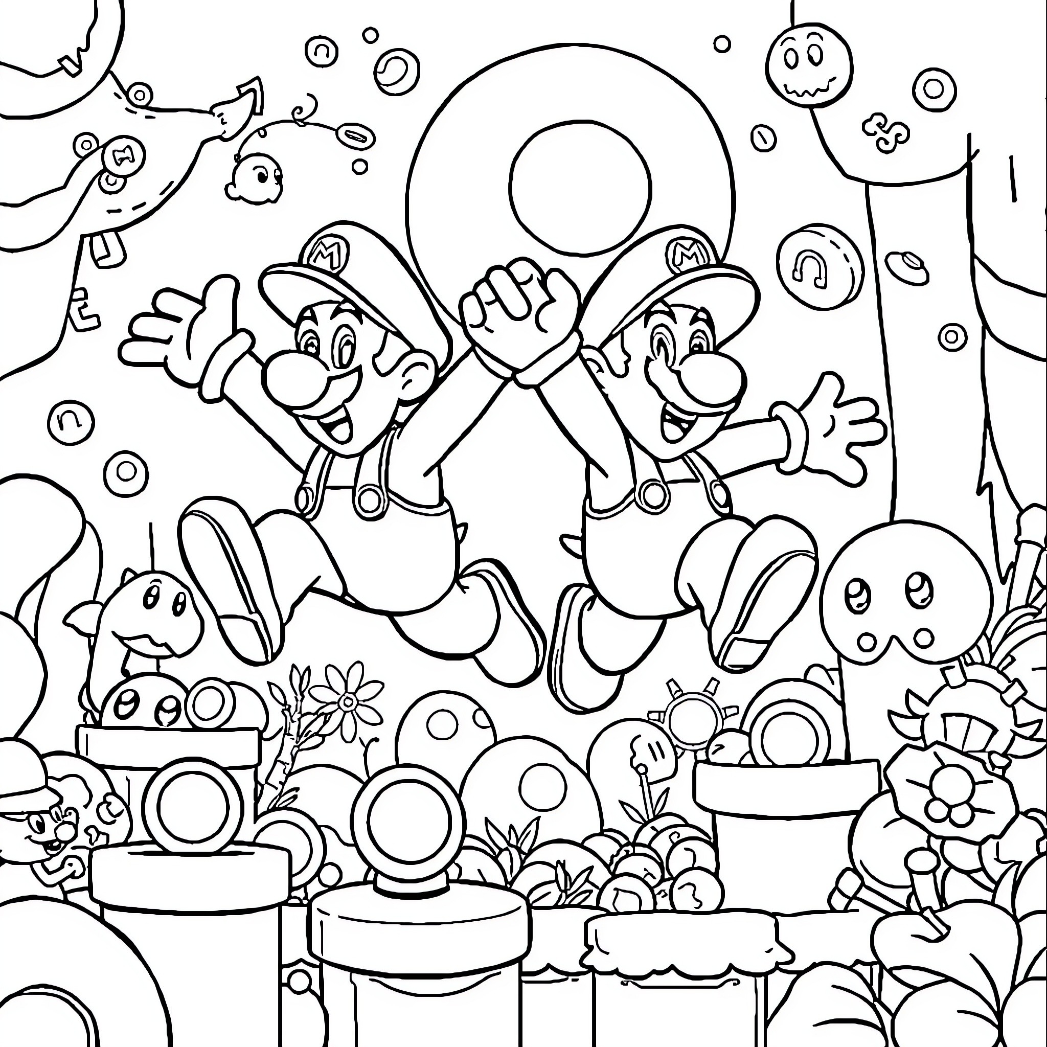 Mario and Luigi Jumping Joyfully in a Whimsical Landscape Coloring Page (free black-and-white line drawing printable PDF for all, from beginners to advanced learners, including children, teens, adults, and seniors)