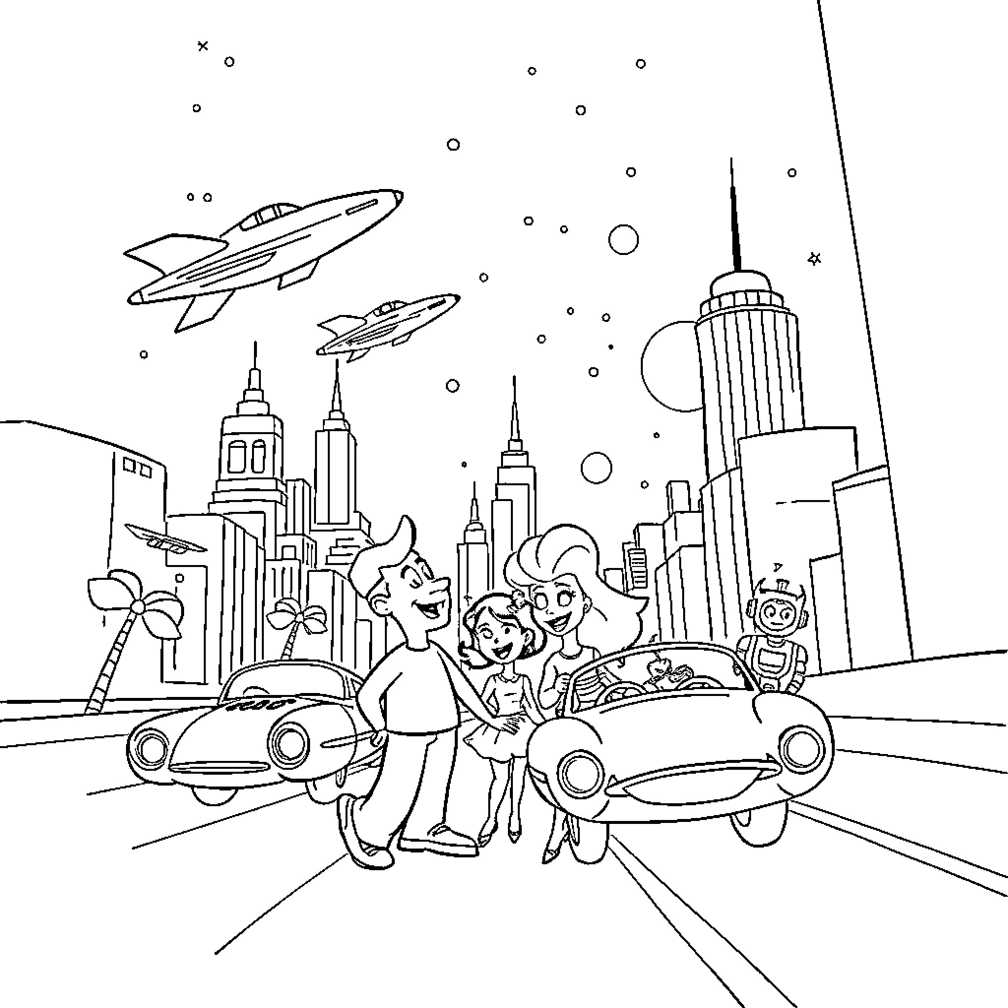 Jetsons-inspired futuristic city with flying cars and robots Coloring Page (free black-and-white line drawing printable PDF for all, from beginners to advanced learners, including children, teens, adults, and seniors)