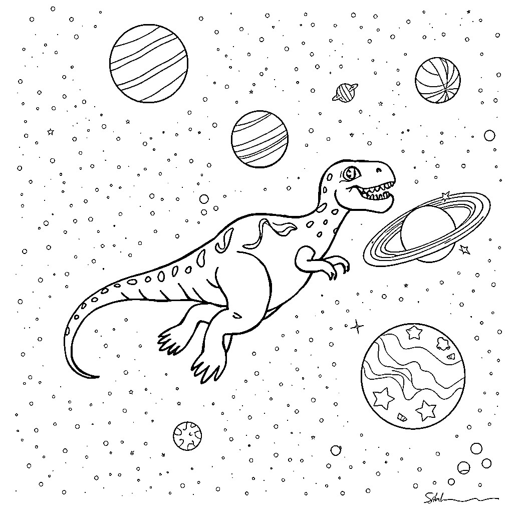 Dinosaur exploring the cosmos Coloring Page (free black-and-white line drawing printable PDF for all, from beginners to advanced learners, including children, teens, adults, and seniors)