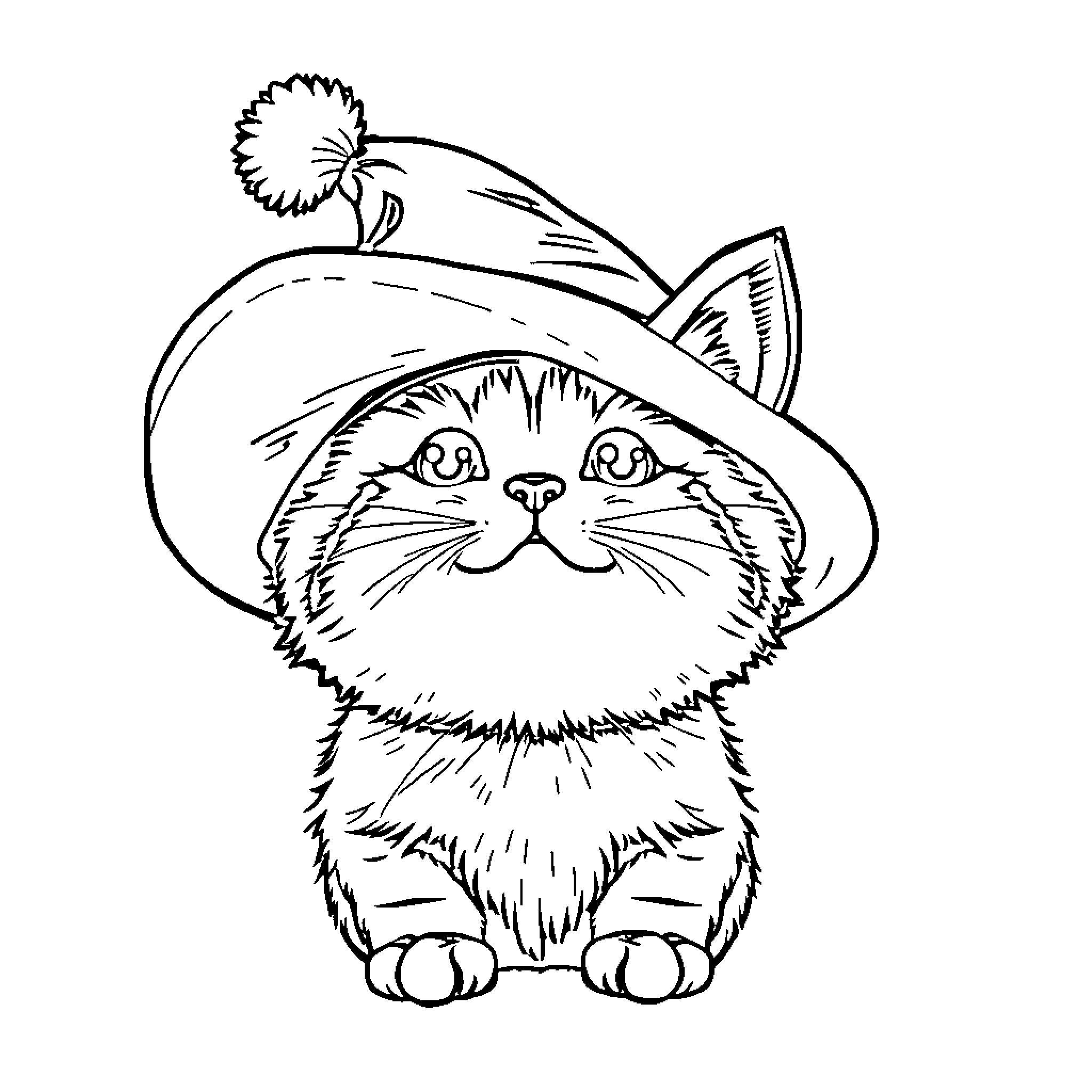 Cat wearing whimsical hat Coloring Page (free black-and-white line drawing printable PDF for all, from beginners to advanced learners, including children, teens, adults, and seniors)