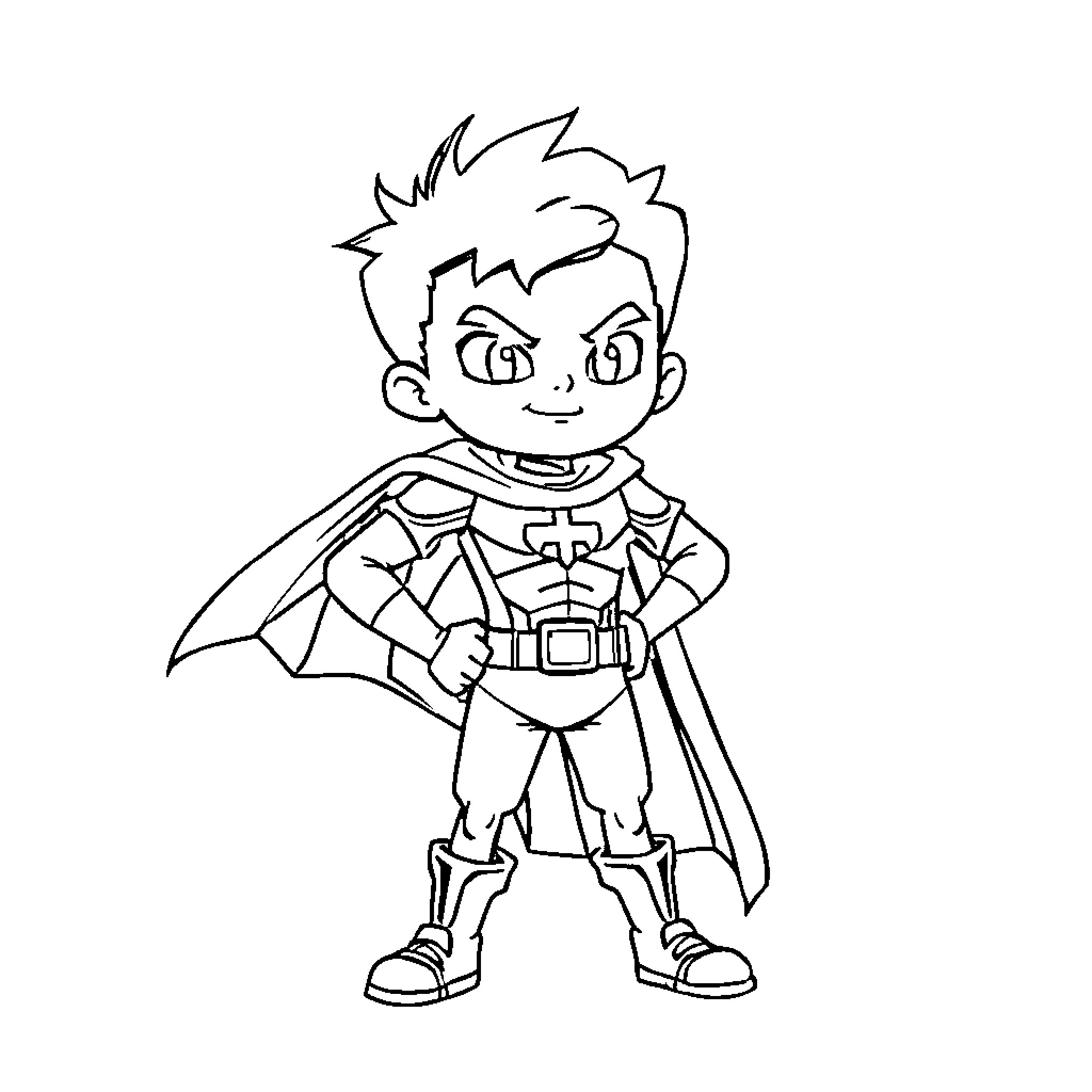 Hero in Brave Superhero Costume Coloring Page (free black-and-white line drawing printable PDF for all, from beginners to advanced learners, including children, teens, adults, and seniors)