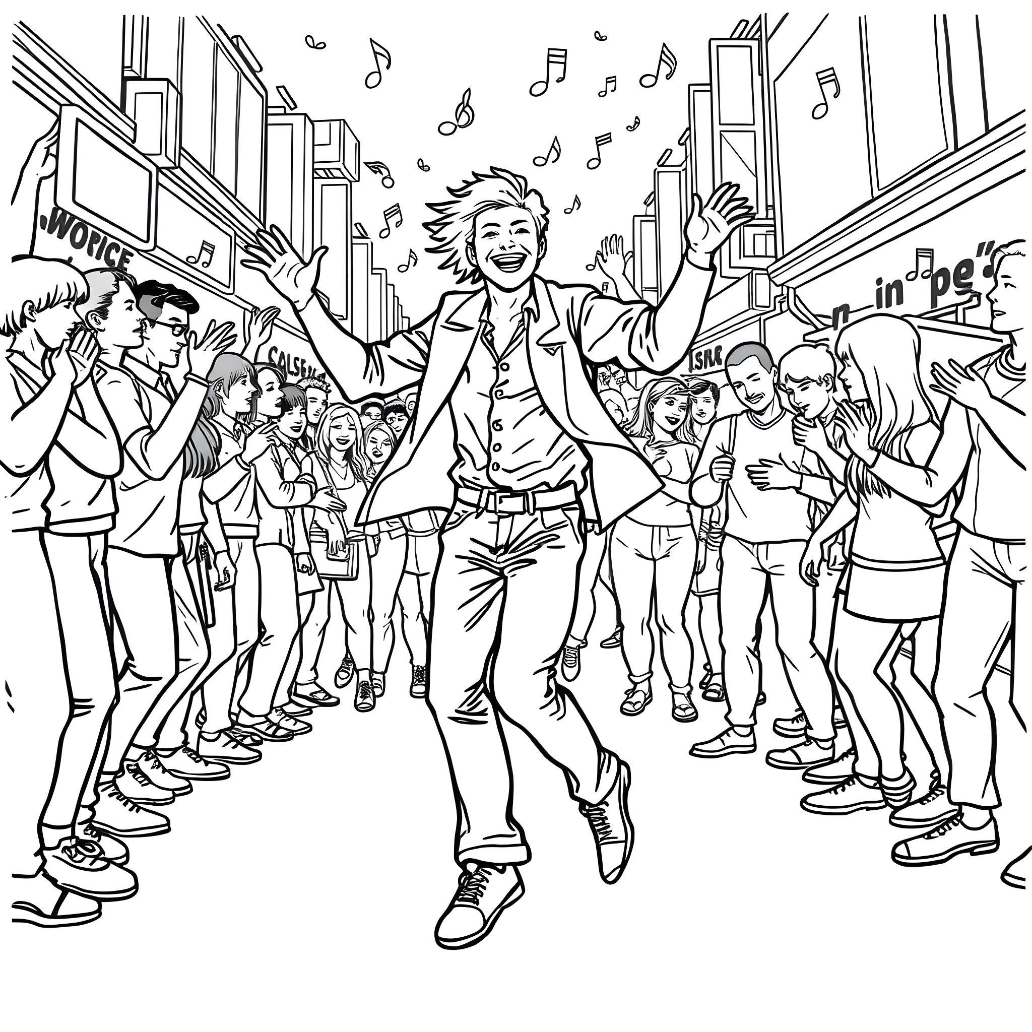 Dancer Performing Joyfully on the City Street Coloring Page (free black-and-white line drawing printable PDF for all, from beginners to advanced learners, including children, teens, adults, and seniors)