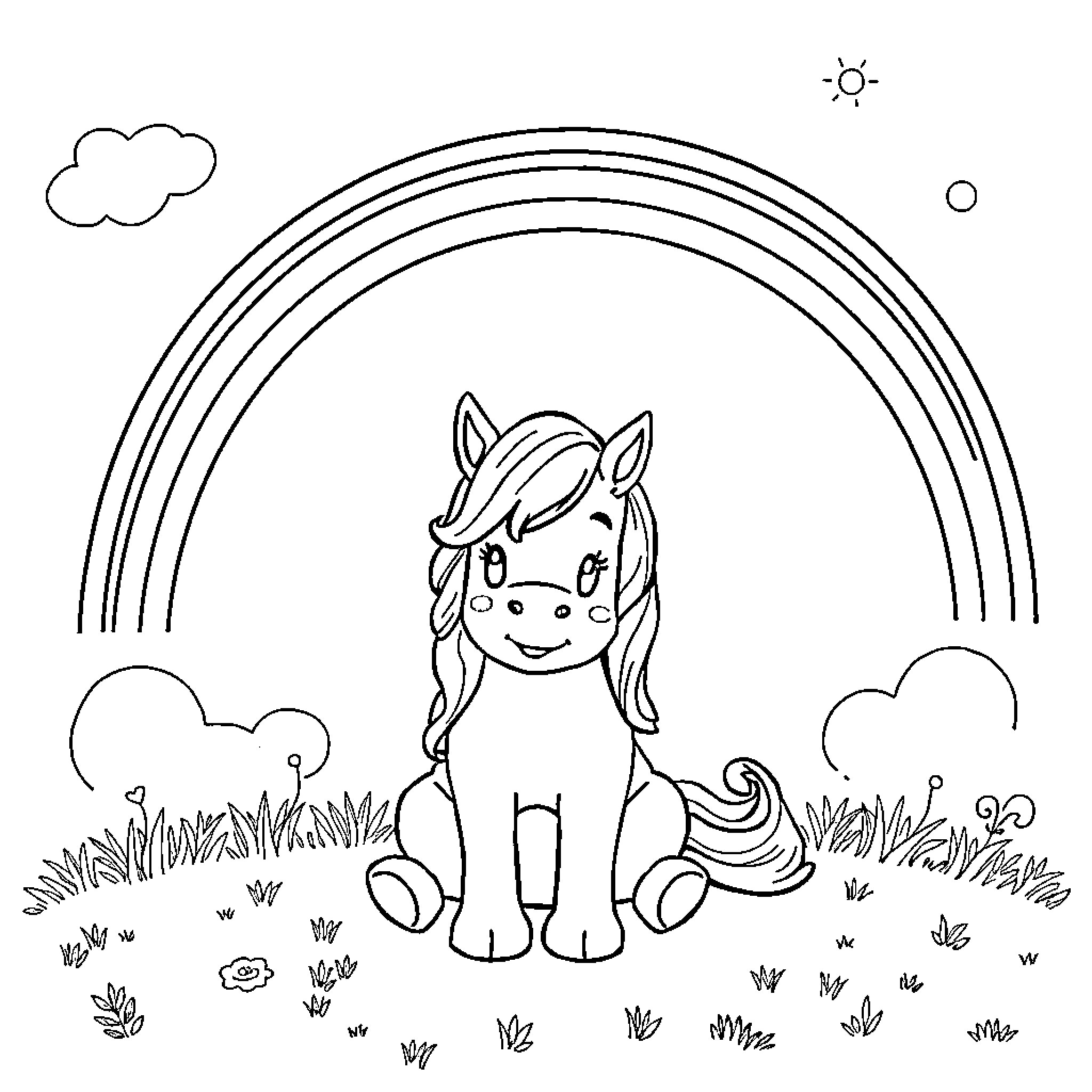 Rumi the Unicorn in a Magical Meadow Coloring Page (free black-and-white line drawing printable PDF for all, from beginners to advanced learners, including children, teens, adults, and seniors)