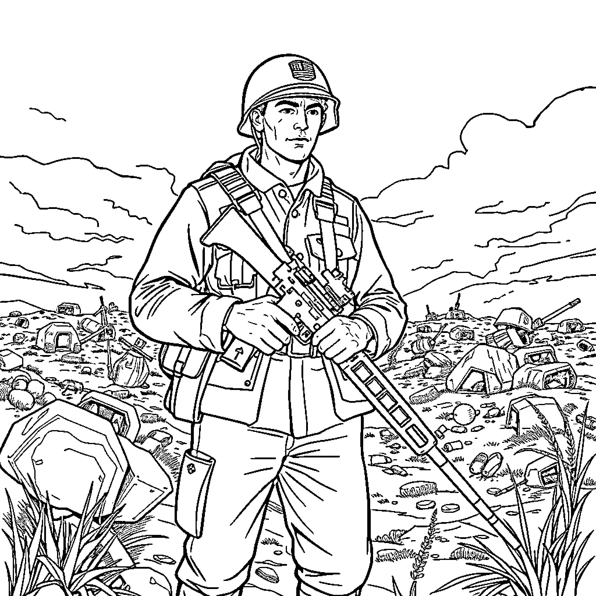 Soldier standing firmly on a war-torn battlefield Coloring Page (free black-and-white line drawing printable PDF for all, from beginners to advanced learners, including children, teens, adults, and seniors)