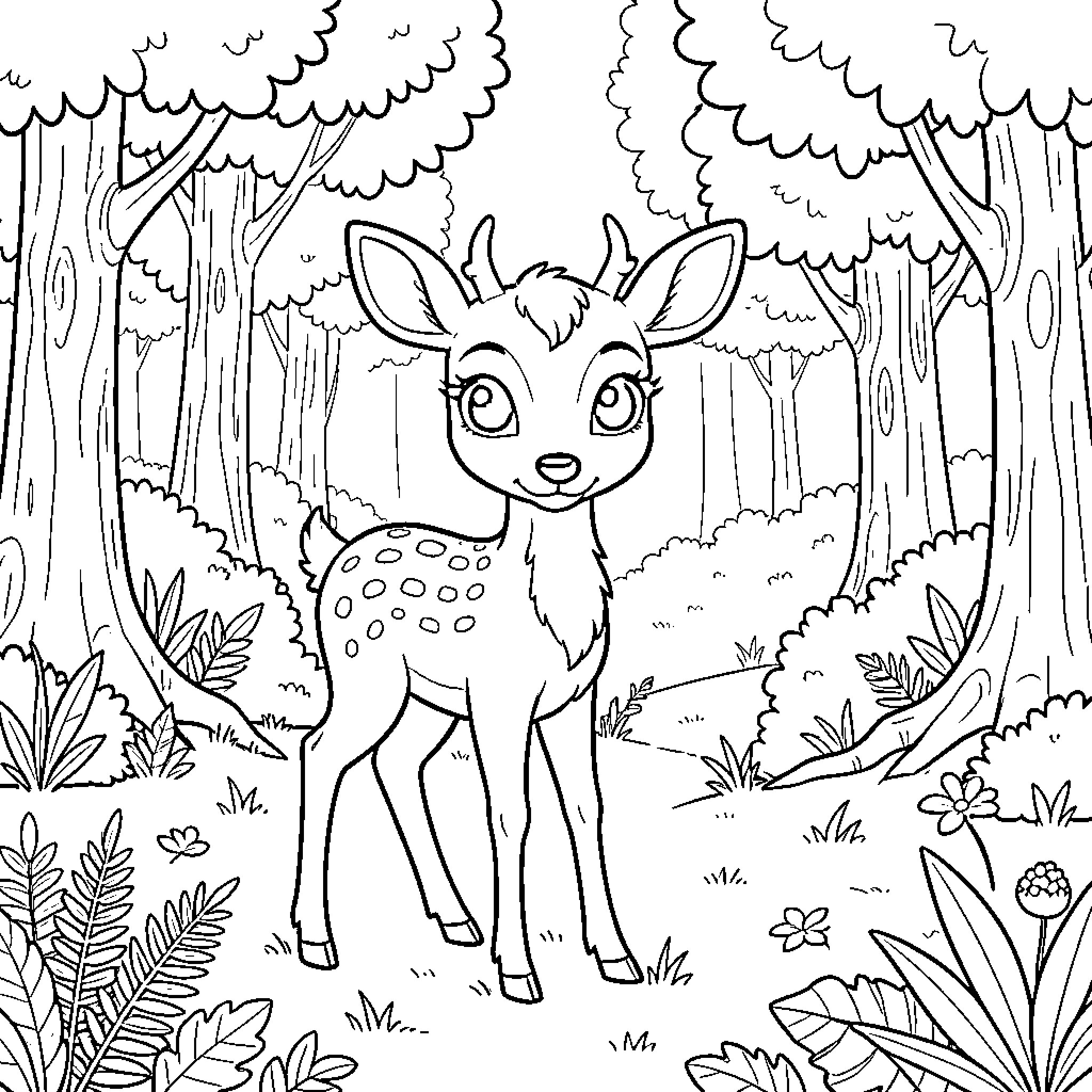 Deer in the enchanted forest Coloring Page (free black-and-white line drawing printable PDF for all, from beginners to advanced learners, including children, teens, adults, and seniors)