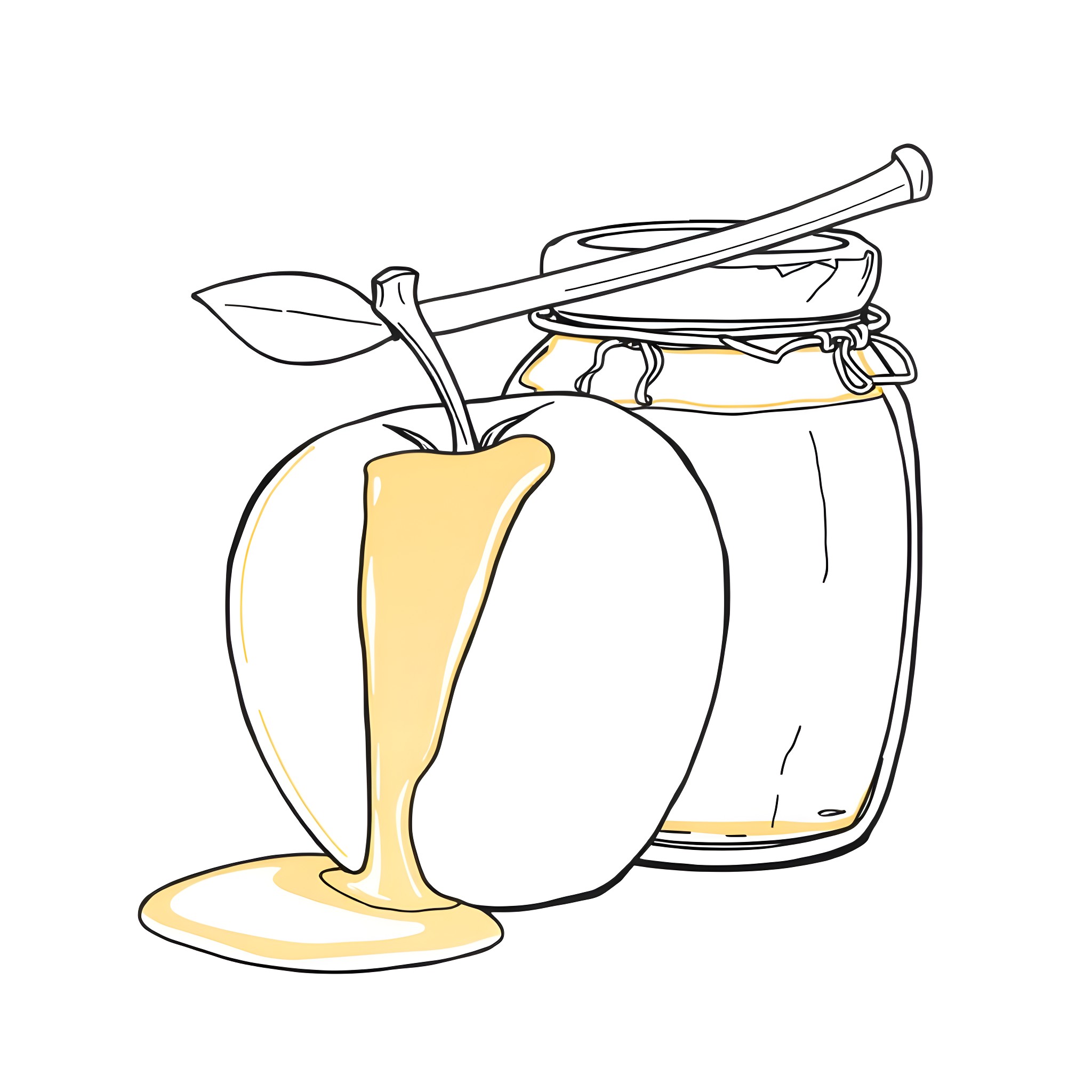 Apple-shaped jar with honey and a slice of apple Coloring Page (free black-and-white line drawing printable PDF for all, from beginners to advanced learners, including children, teens, adults, and seniors)
