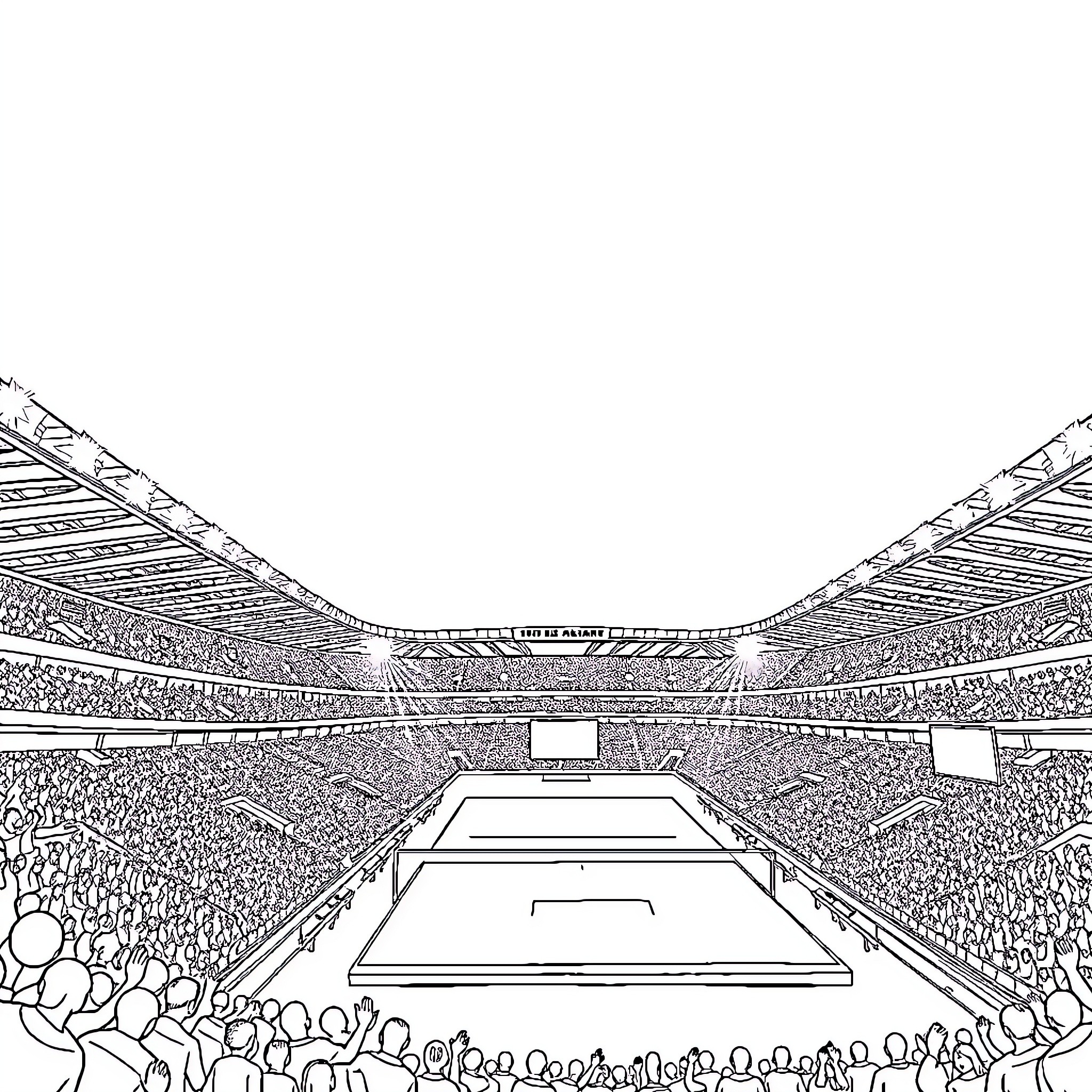 Stadium filled with cheering crowd during a match Coloring Page (free black-and-white line drawing printable PDF for all, from beginners to advanced learners, including children, teens, adults, and seniors)