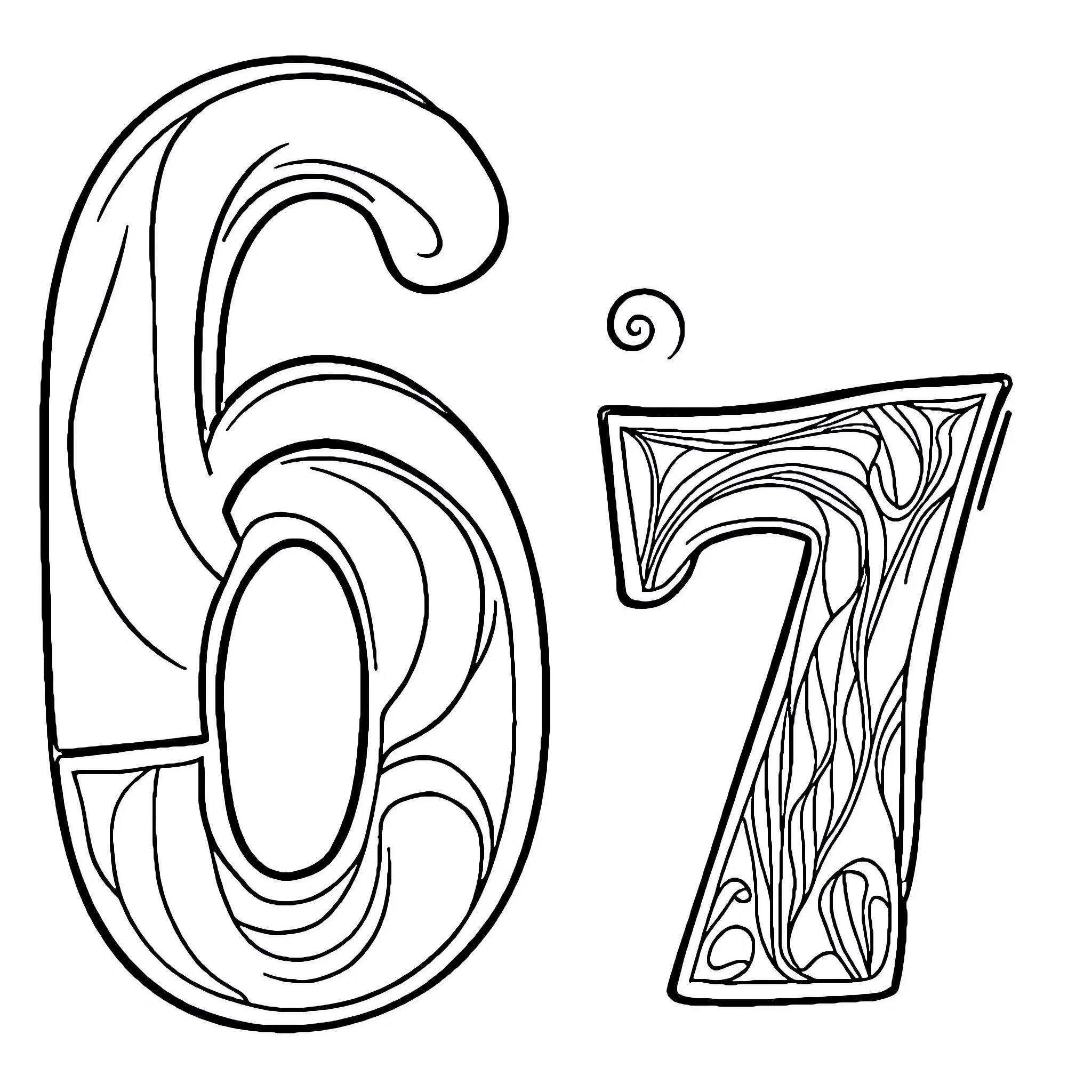 Number 67 with Intricate Designs Coloring Page (free black-and-white line drawing printable PDF for all, from beginners to advanced learners, including children, teens, adults, and seniors)