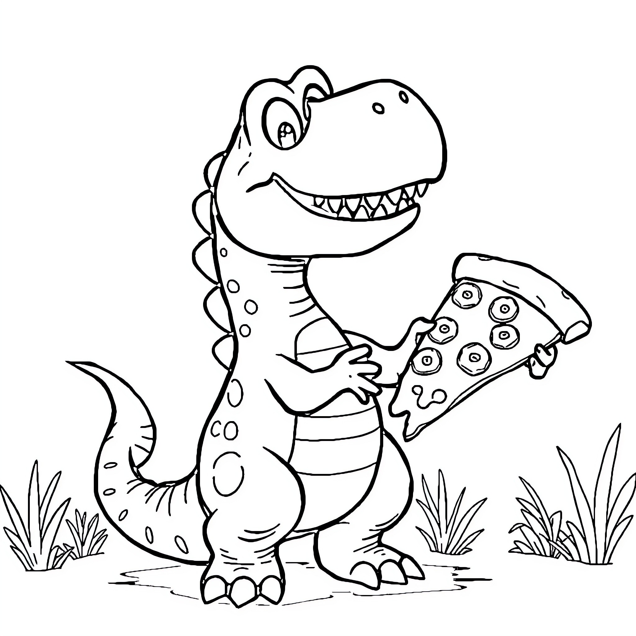 Dinosaur eating pizza happily in the park Coloring Page (free black-and-white line drawing printable PDF for all, from beginners to advanced learners, including children, teens, adults, and seniors)
