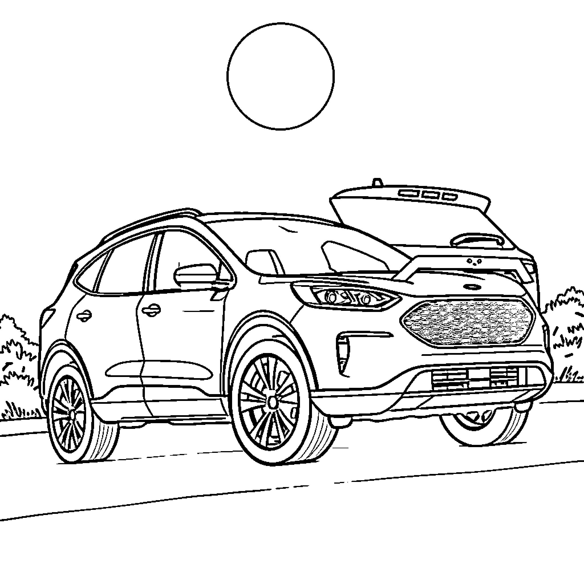Ford Escape driving on a road in the countryside Coloring Page (free black-and-white line drawing printable PDF for all, from beginners to advanced learners, including children, teens, adults, and seniors)