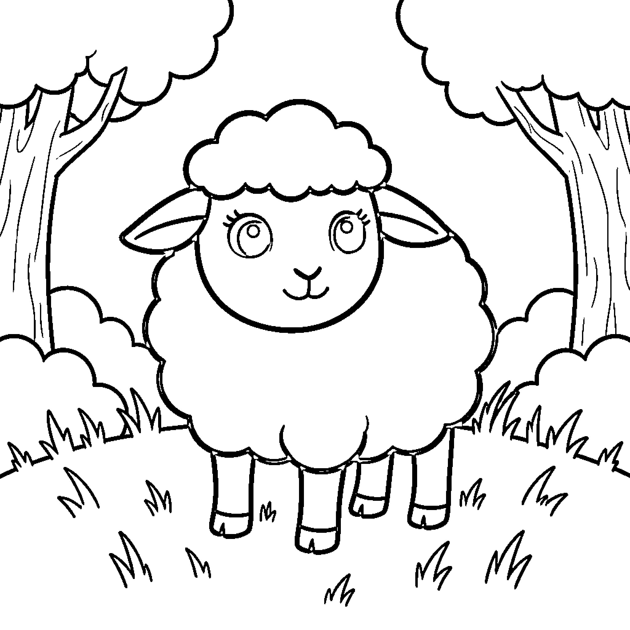 Sheep in a cozy forest setting Coloring Page (free black-and-white line drawing printable PDF for all, from beginners to advanced learners, including children, teens, adults, and seniors)