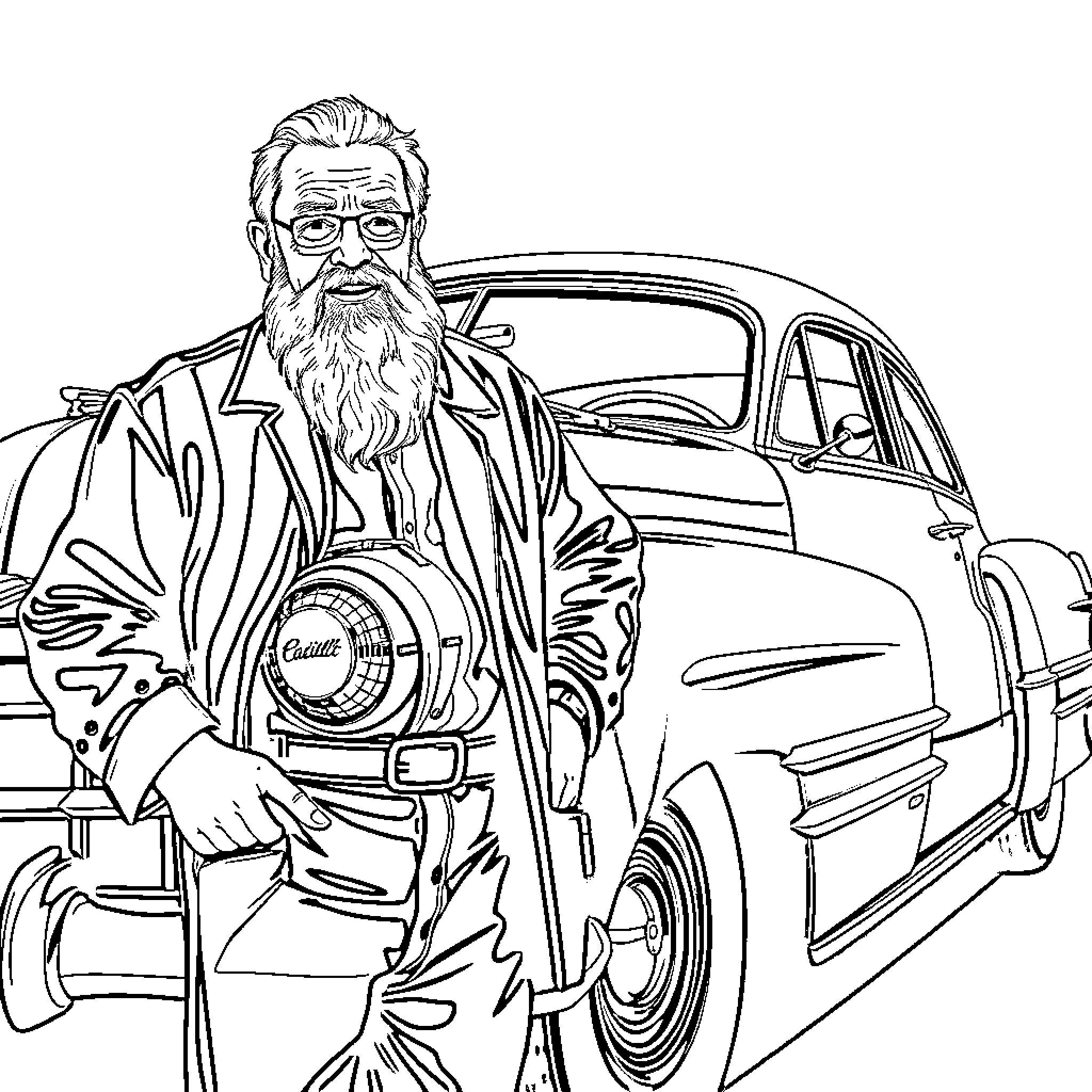Man with long beard examining a vintage car Coloring Page (free black-and-white line drawing printable PDF for all, from beginners to advanced learners, including children, teens, adults, and seniors)