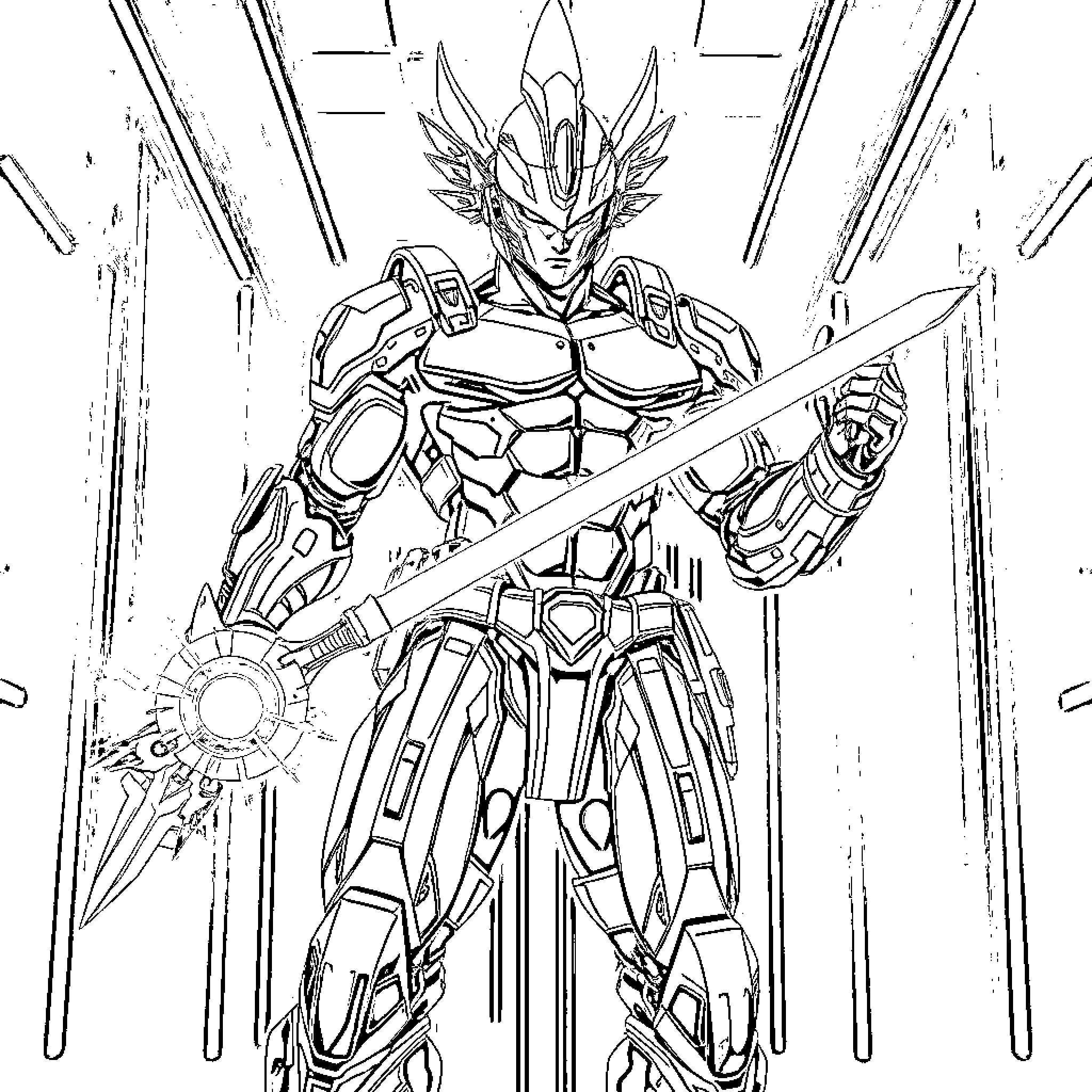 Cybernetic Warrior Wielding Powerful Weapon in Futuristic Battle Coloring Page (free black-and-white line drawing printable PDF for all, from beginners to advanced learners, including children, teens, adults, and seniors)
