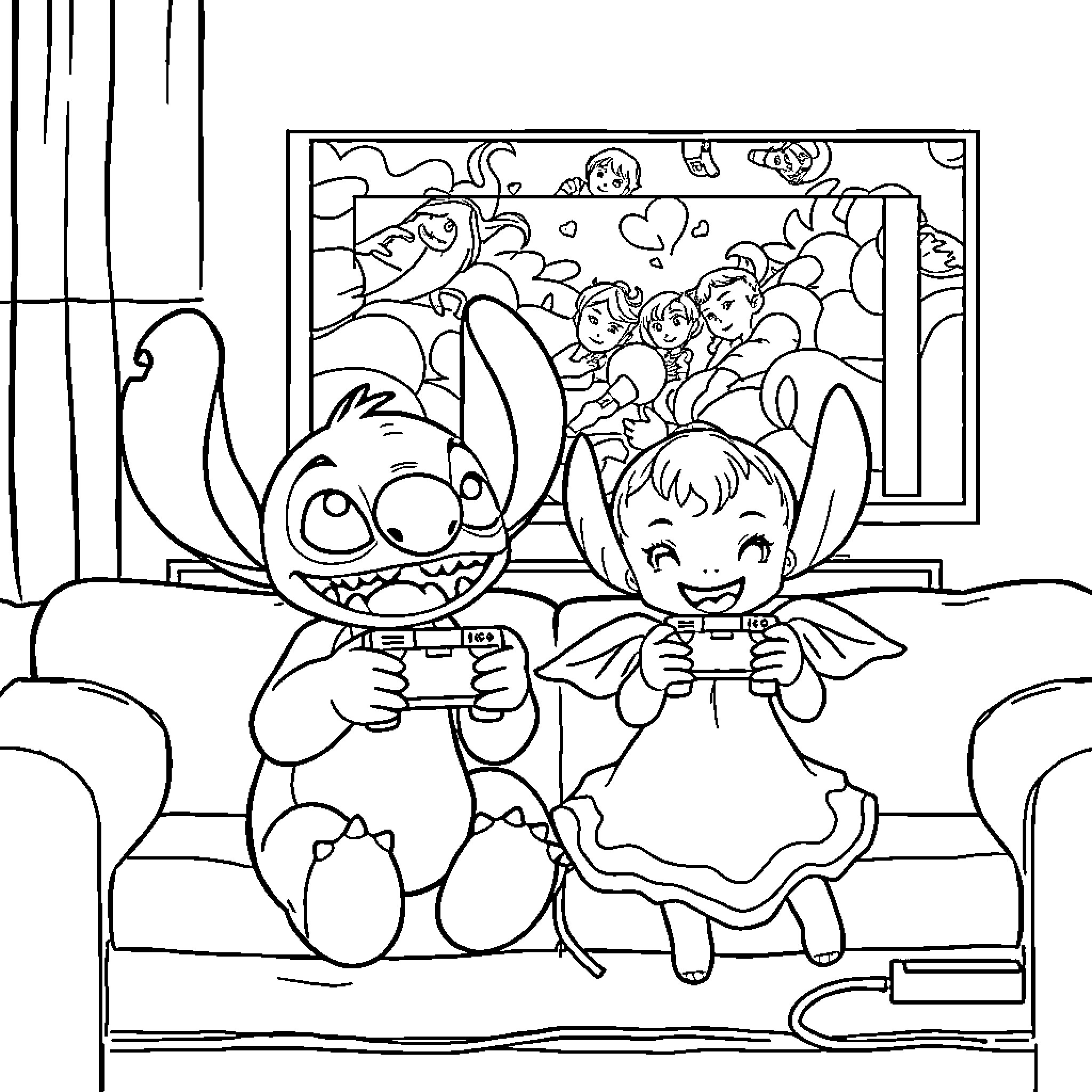 Stitch and Fairy Playing Video Games Coloring Page (free black-and-white line drawing printable PDF for all, from beginners to advanced learners, including children, teens, adults, and seniors)