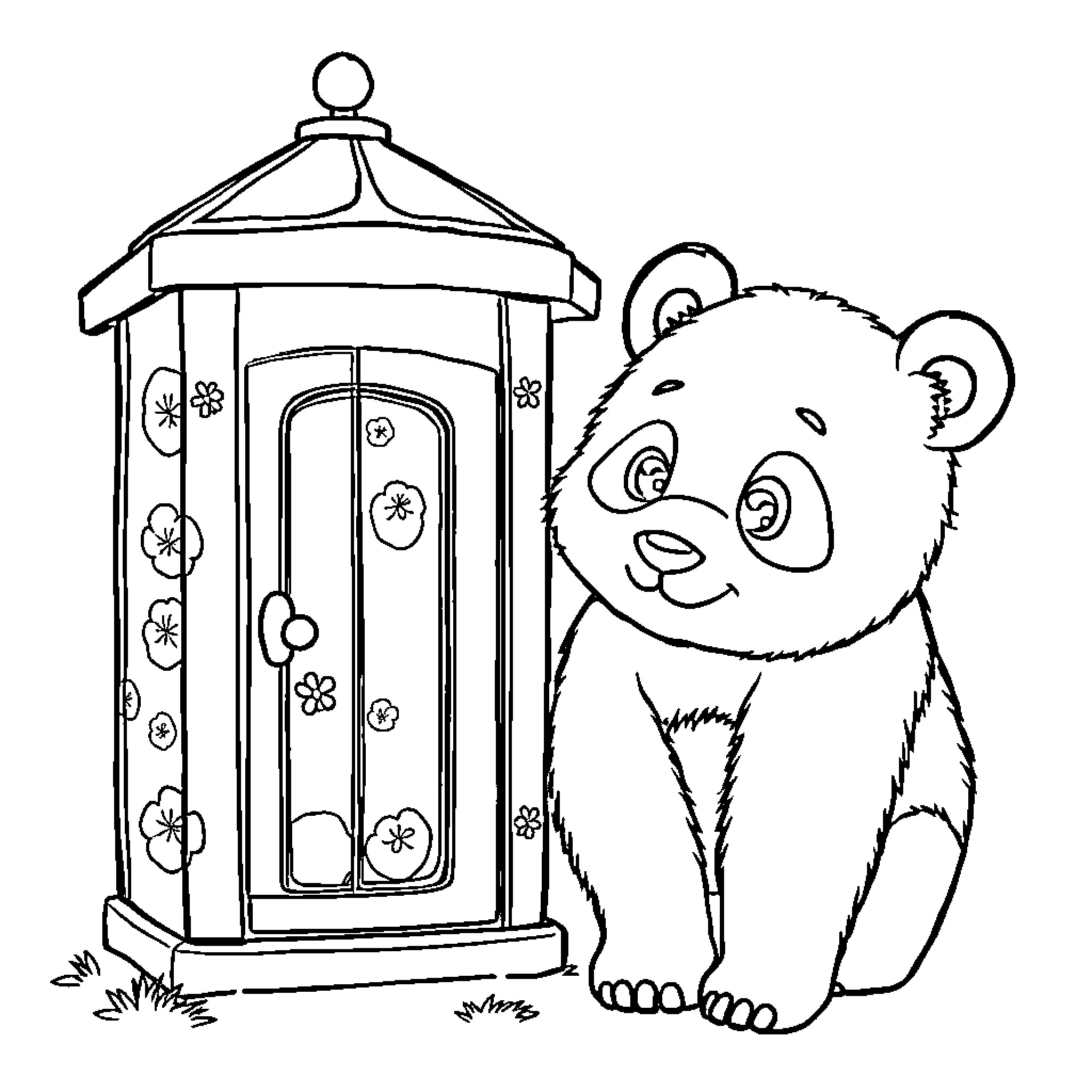Panda exploring a colorful birdhouse Coloring Page (free black-and-white line drawing printable PDF for all, from beginners to advanced learners, including children, teens, adults, and seniors)