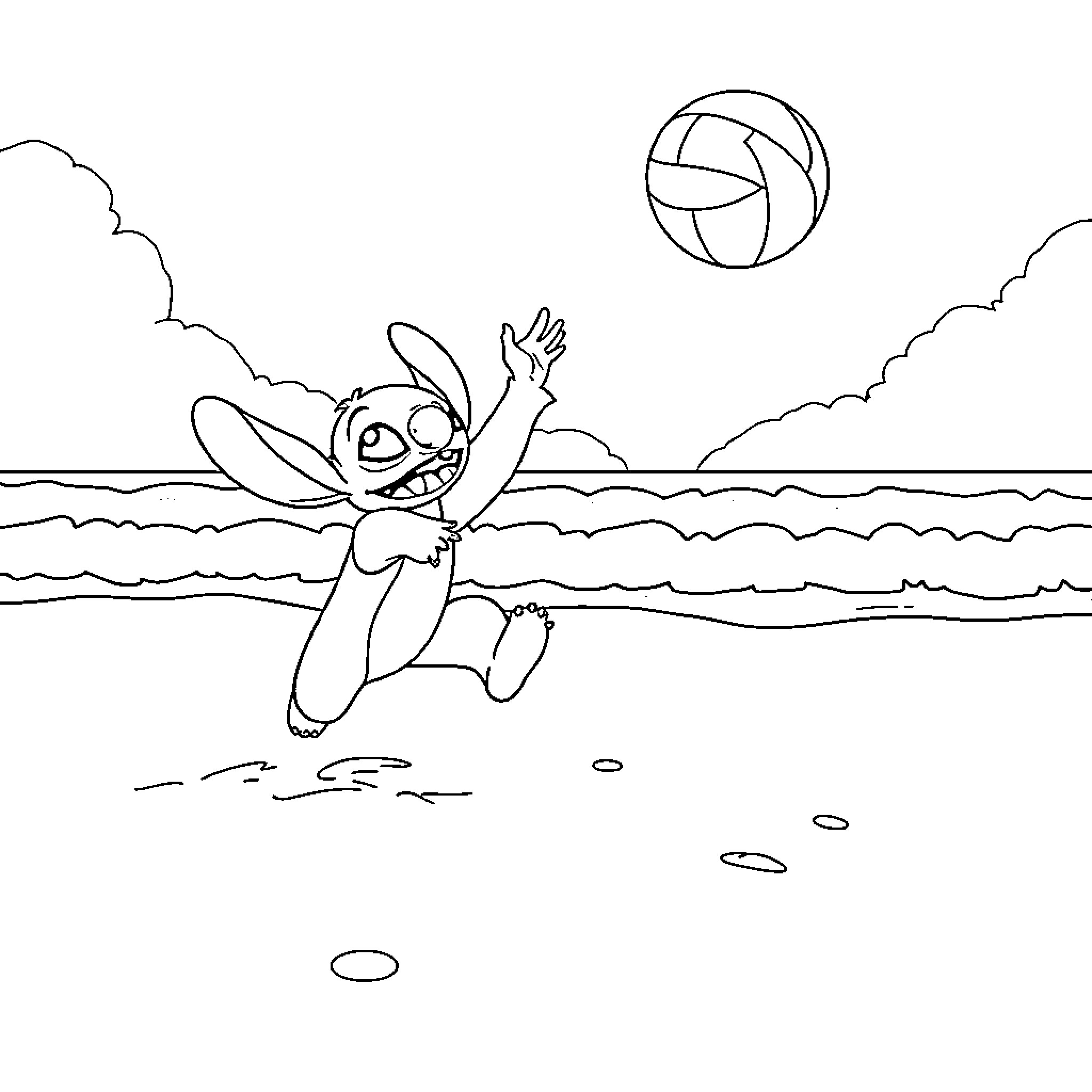 Stitch playing joyfully with a ball on the beach Coloring Page (free black-and-white line drawing printable PDF for all, from beginners to advanced learners, including children, teens, adults, and seniors)