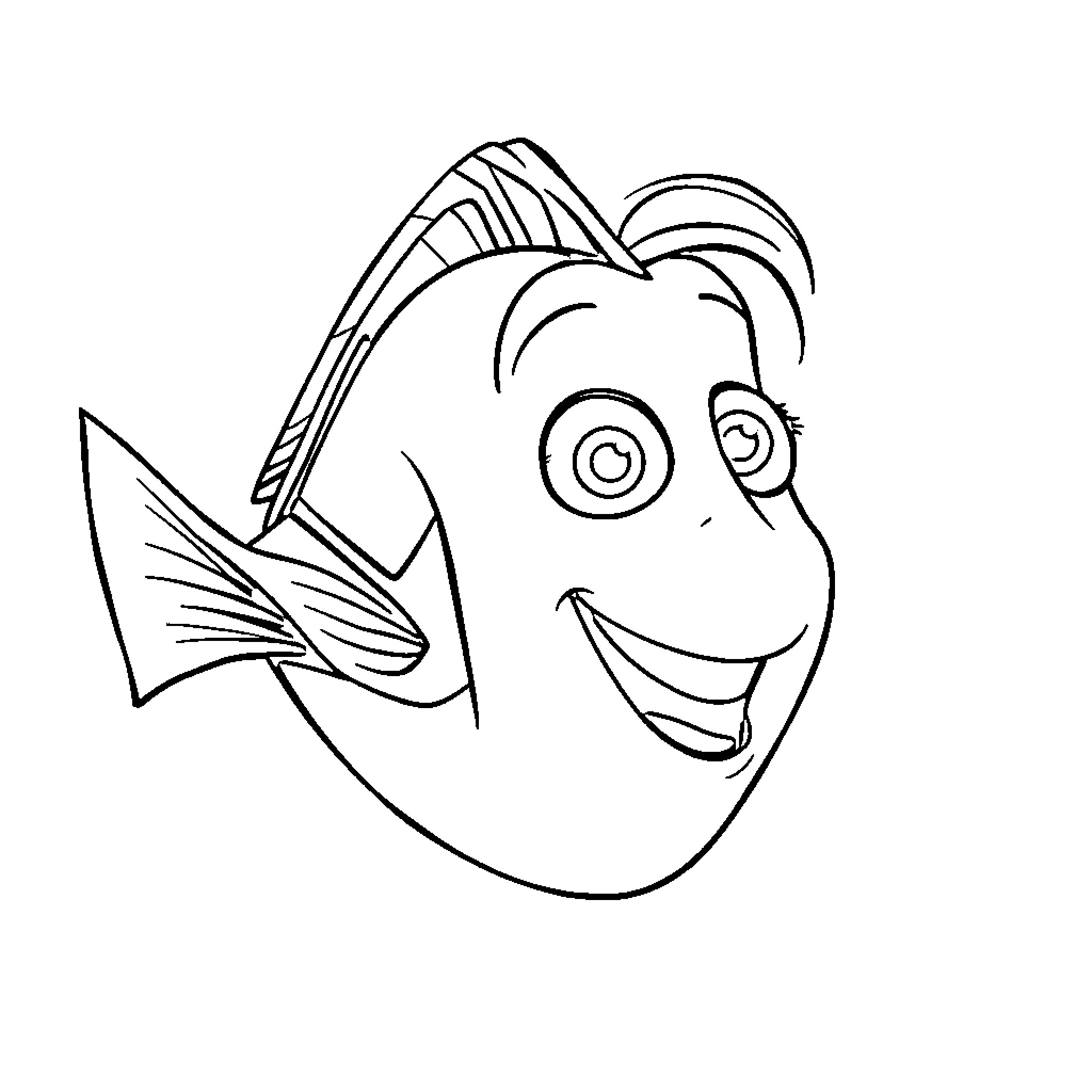Dory's Cheerful Underwater Adventure Coloring Page (free black-and-white line drawing printable PDF for all, from beginners to advanced learners, including children, teens, adults, and seniors)