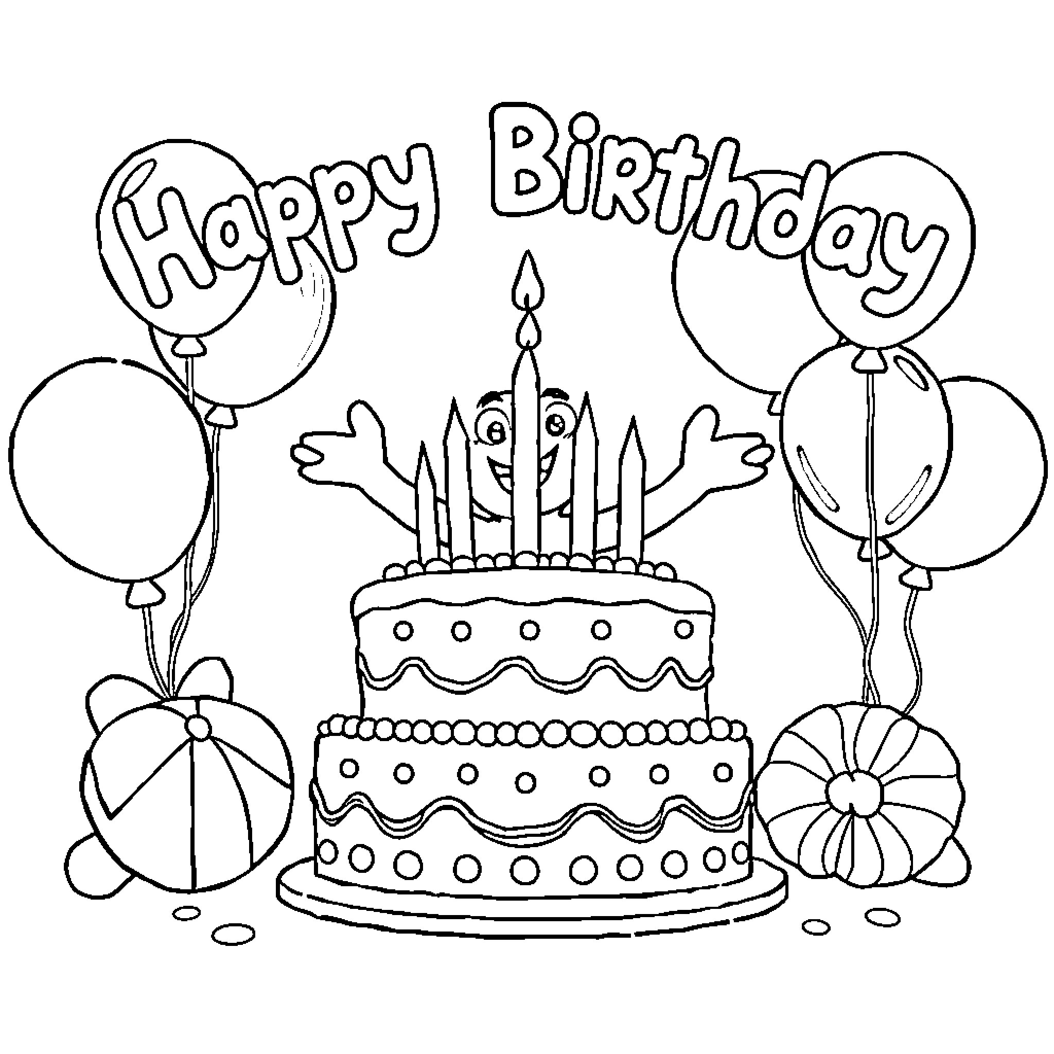 Bluey's Birthday Celebration with Balloons and Cake Coloring Page (free black-and-white line drawing printable PDF for all, from beginners to advanced learners, including children, teens, adults, and seniors)