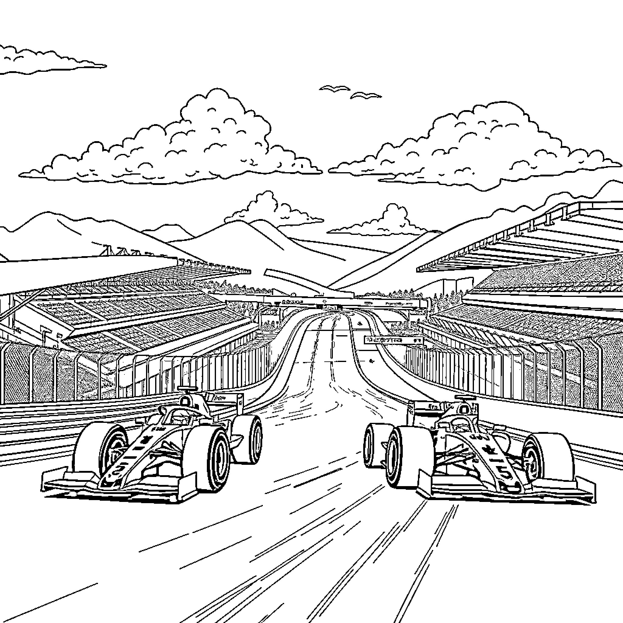 Interlagos racing cars on the winding track Coloring Page (free black-and-white line drawing printable PDF for all, from beginners to advanced learners, including children, teens, adults, and seniors)