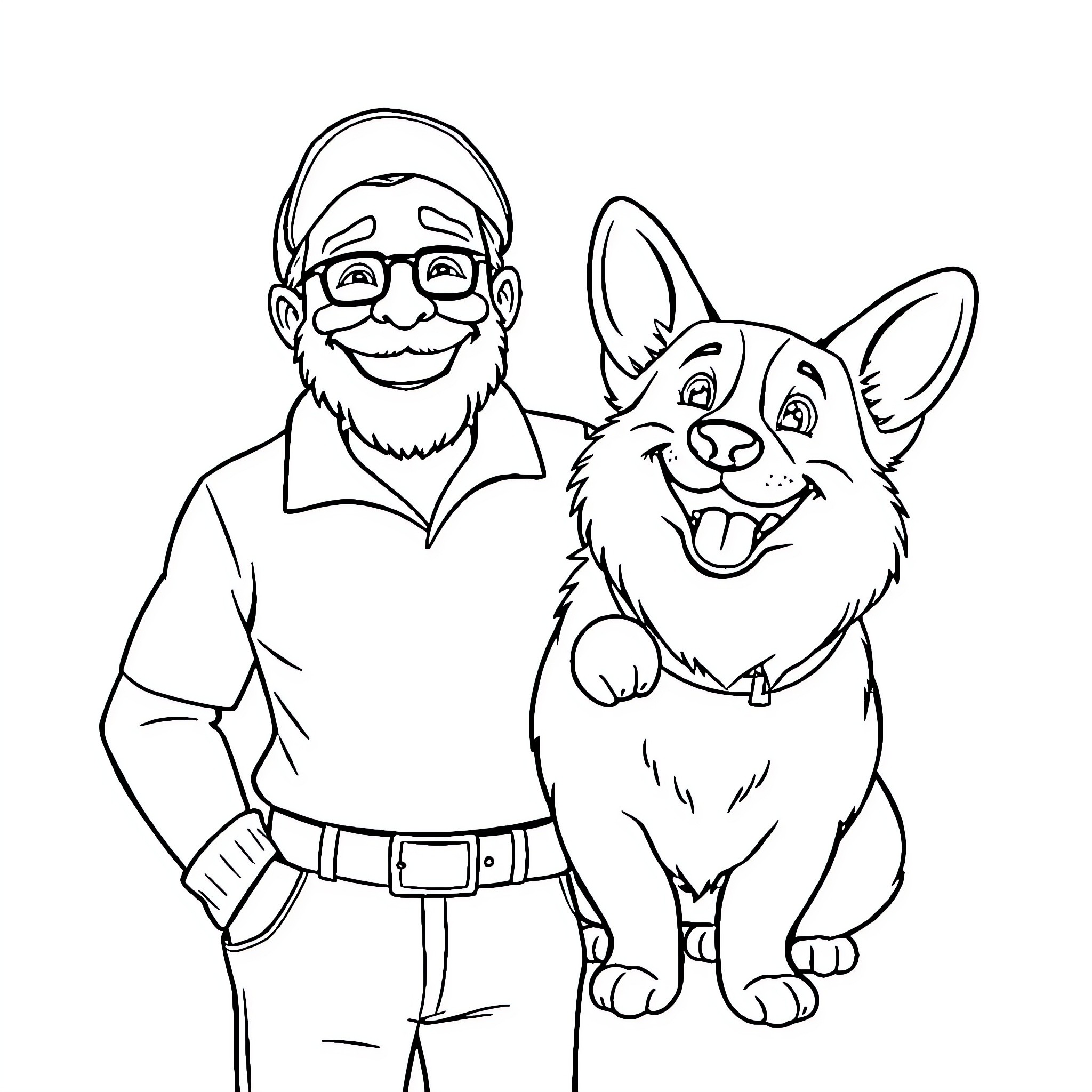Corgi happily with its smiling owner Coloring Page (free black-and-white line drawing printable PDF for all, from beginners to advanced learners, including children, teens, adults, and seniors)