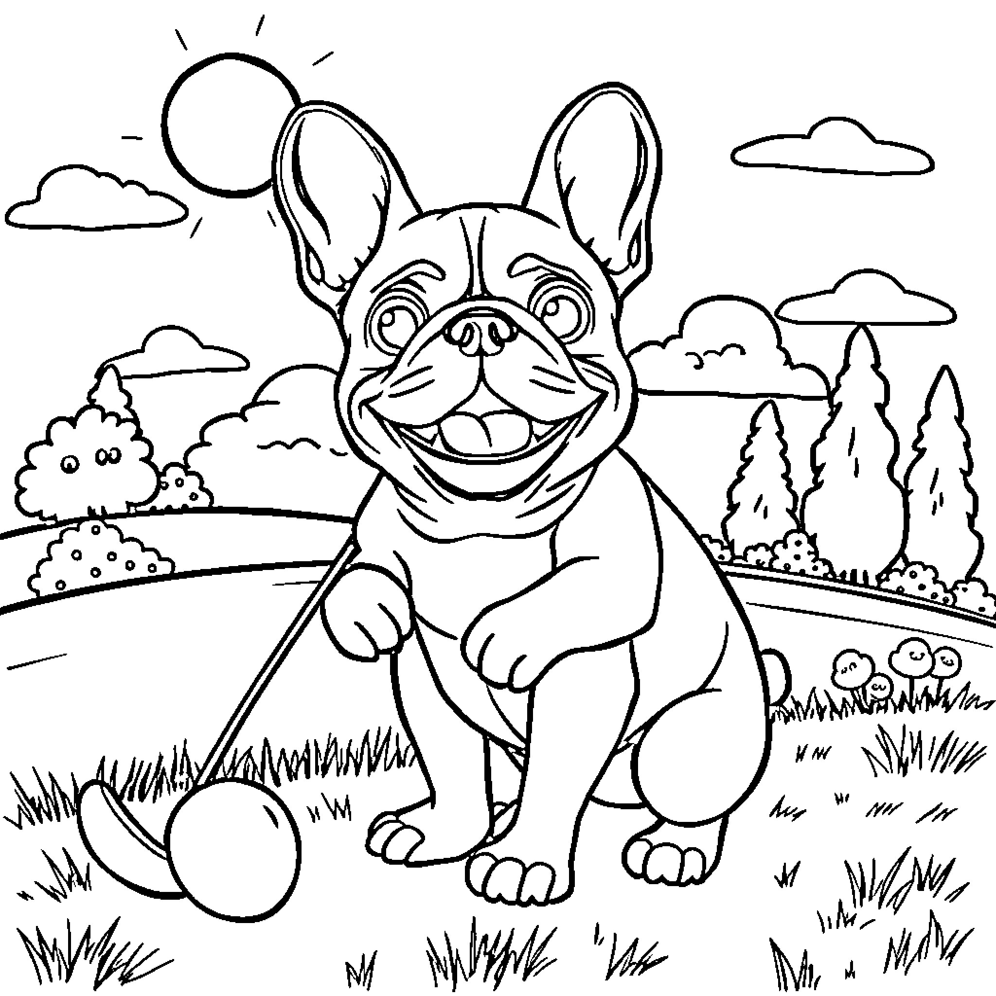French Bulldog joyfully playing in nature Coloring Page (free black-and-white line drawing printable PDF for all, from beginners to advanced learners, including children, teens, adults, and seniors)